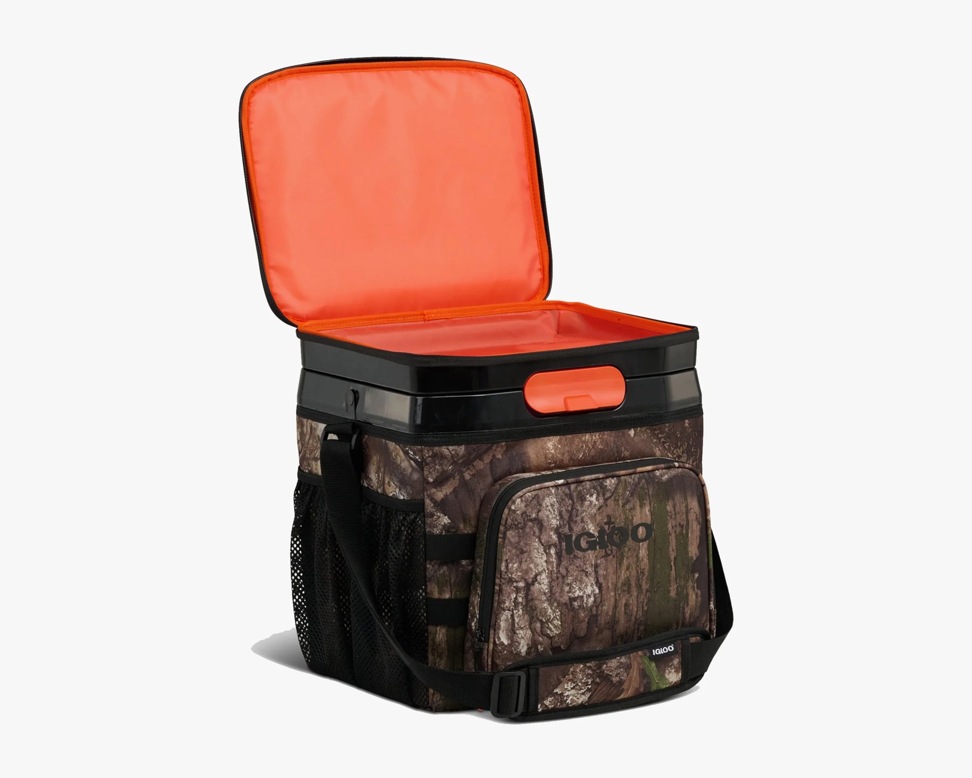 Soft-sided cooler with camouflage exterior, black mesh side pockets, and bright orange interior, shown open.