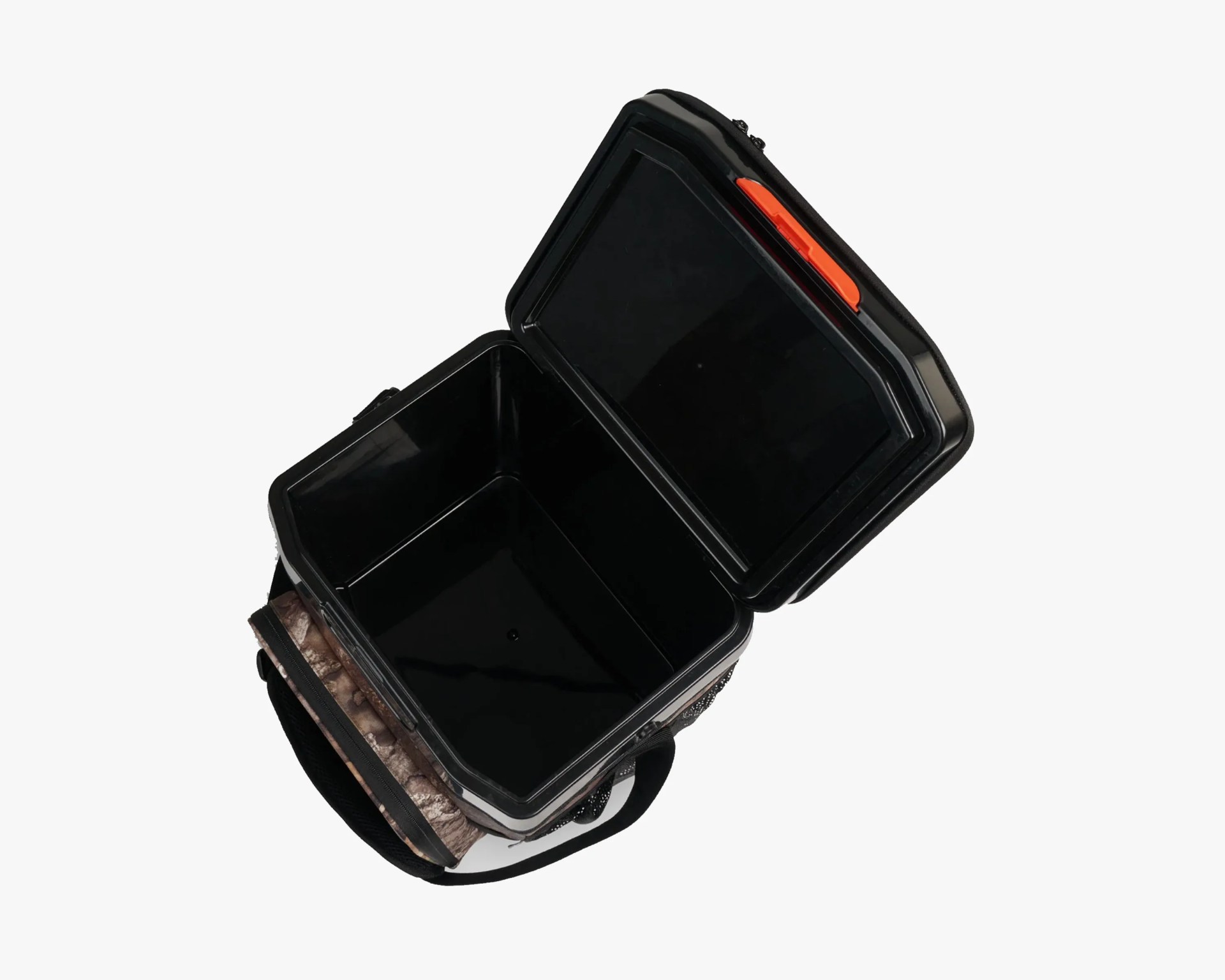 Open black hard plastic cooler bag with camouflage fabric and orange latch on a white background.