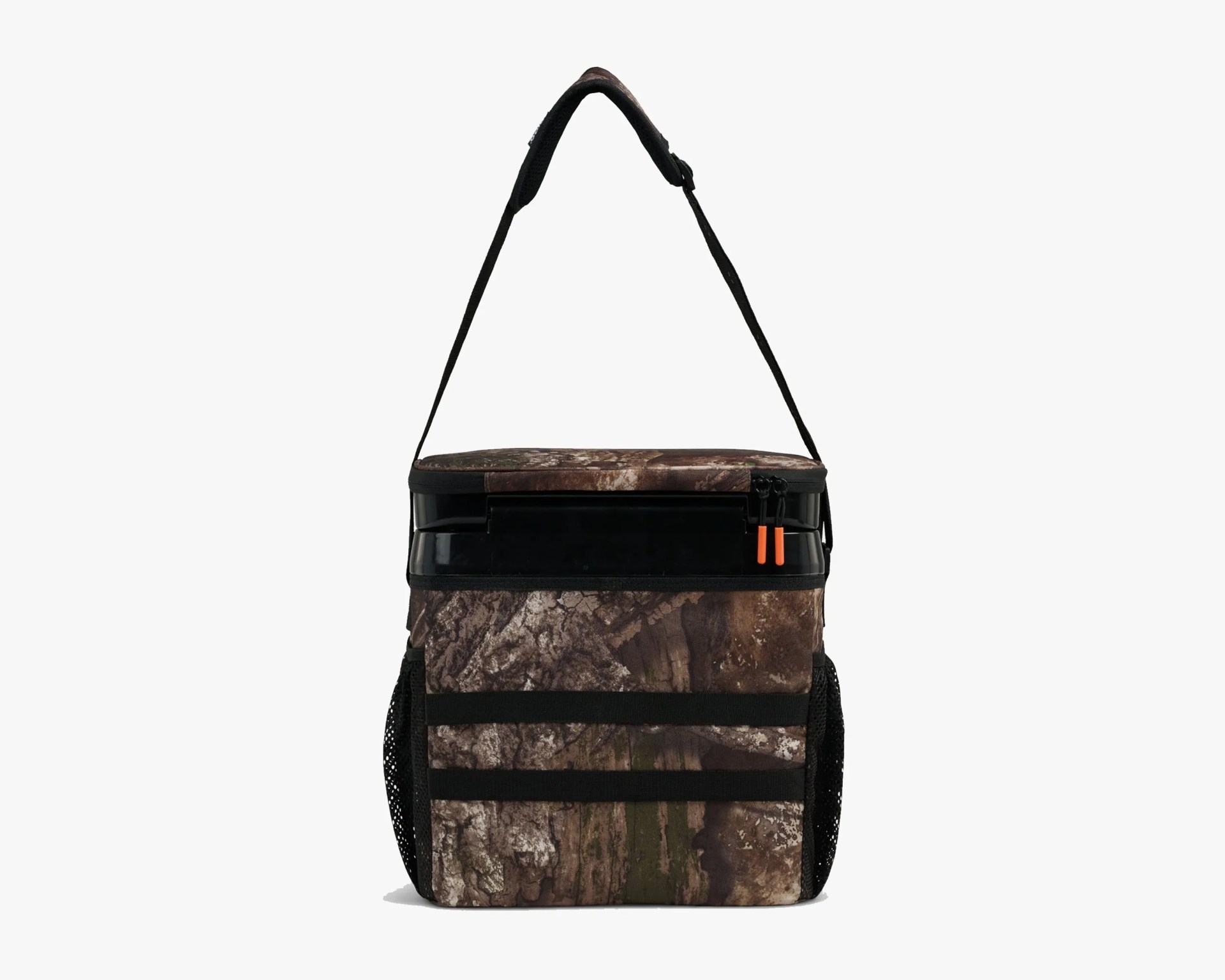 Camouflage-patterned soft cooler bag with black zippers, mesh side pockets, and an adjustable shoulder strap.