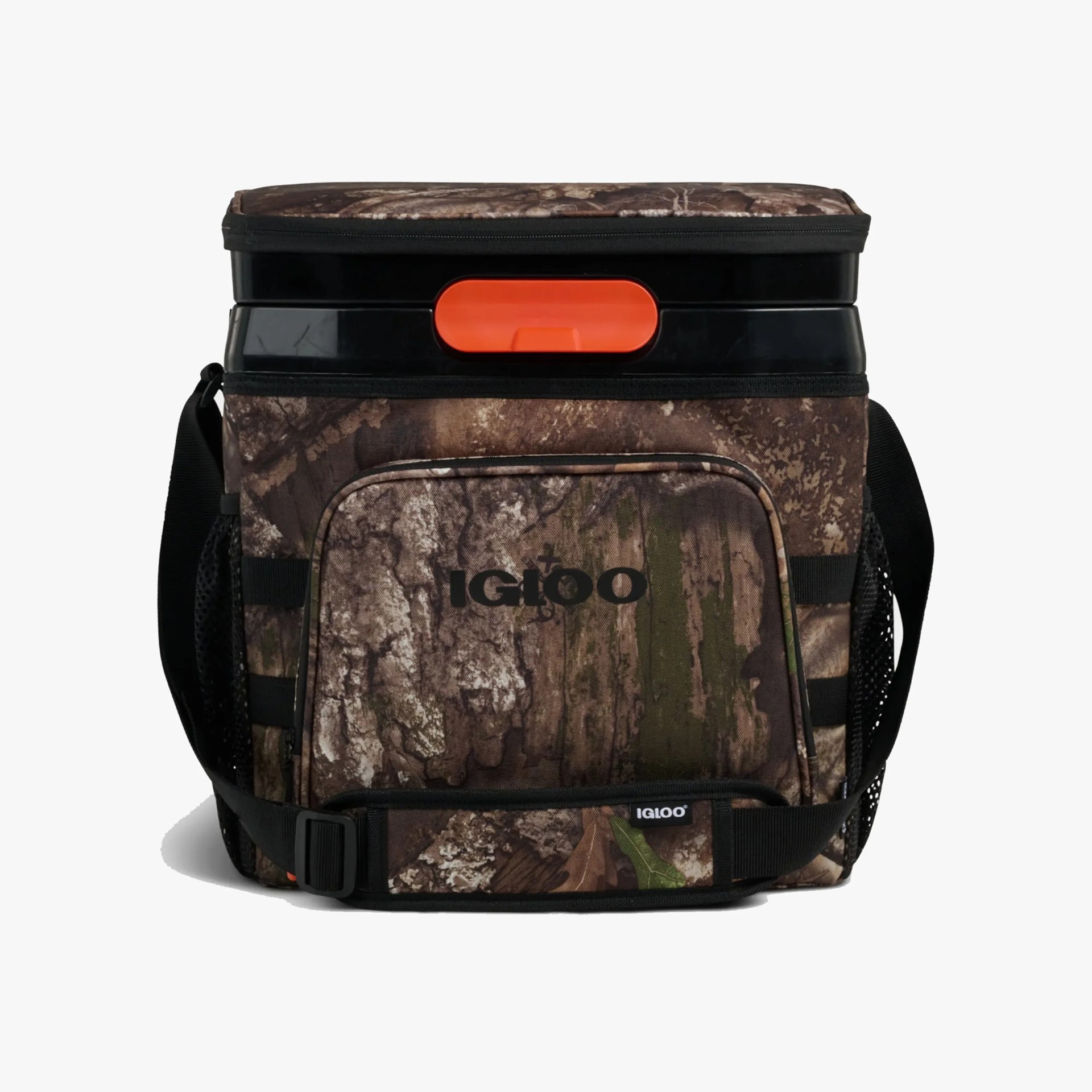 Camouflage-patterned Igloo soft cooler bag with black strap and orange latch on top.