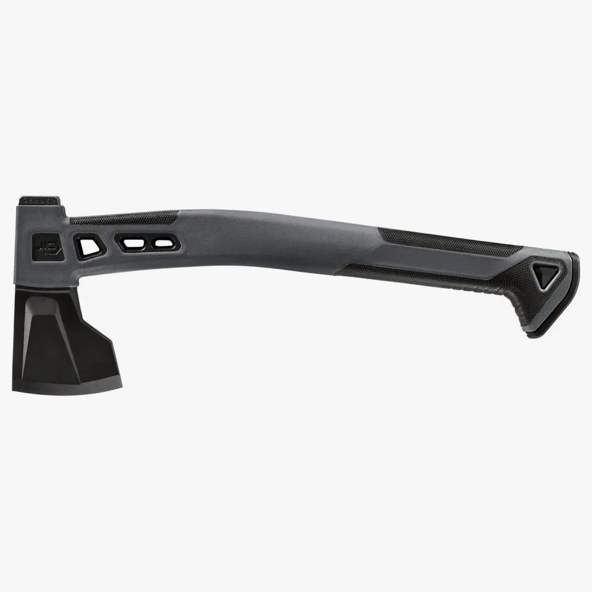 Black and gray modern axe with a textured ergonomic handle and a sharp blade.