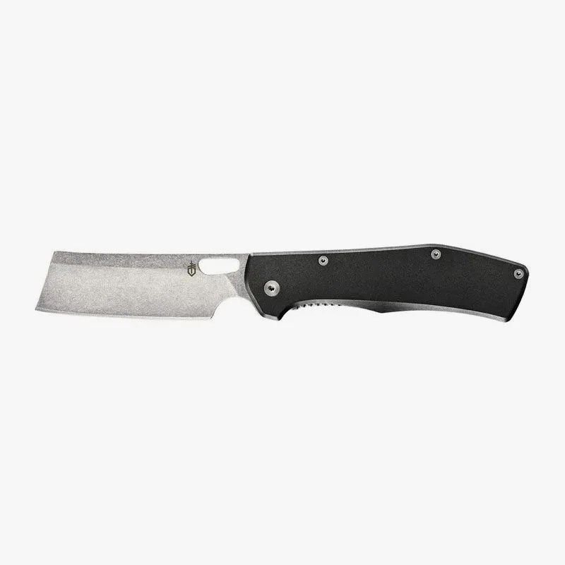 Folding cleaver-style knife with a stonewashed blade and black handle with visible screws.