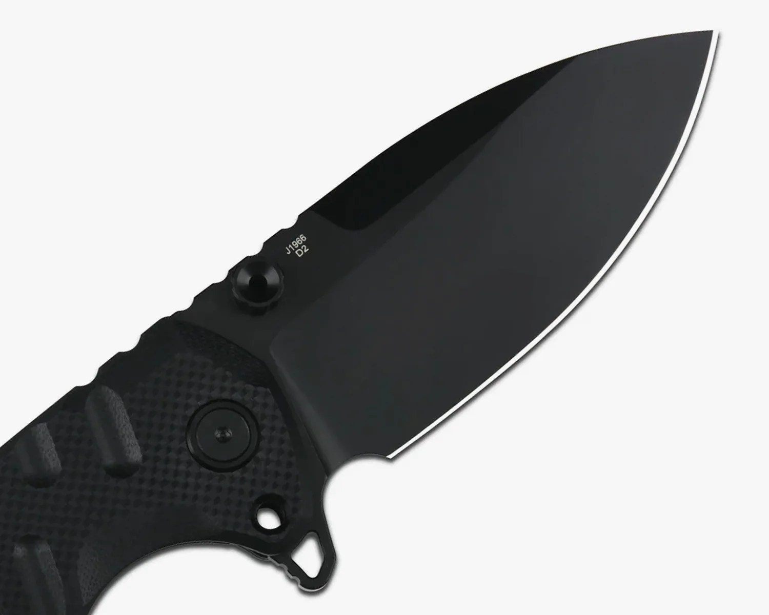 Black folding knife blade with textured black handle and thumb stud, marked J1966 D2.