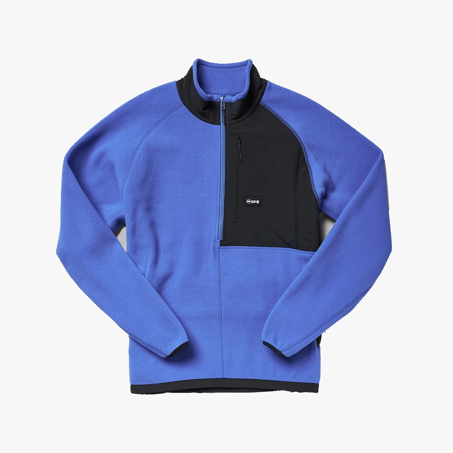 Blue fleece jacket with black chest pocket and half-zip front.