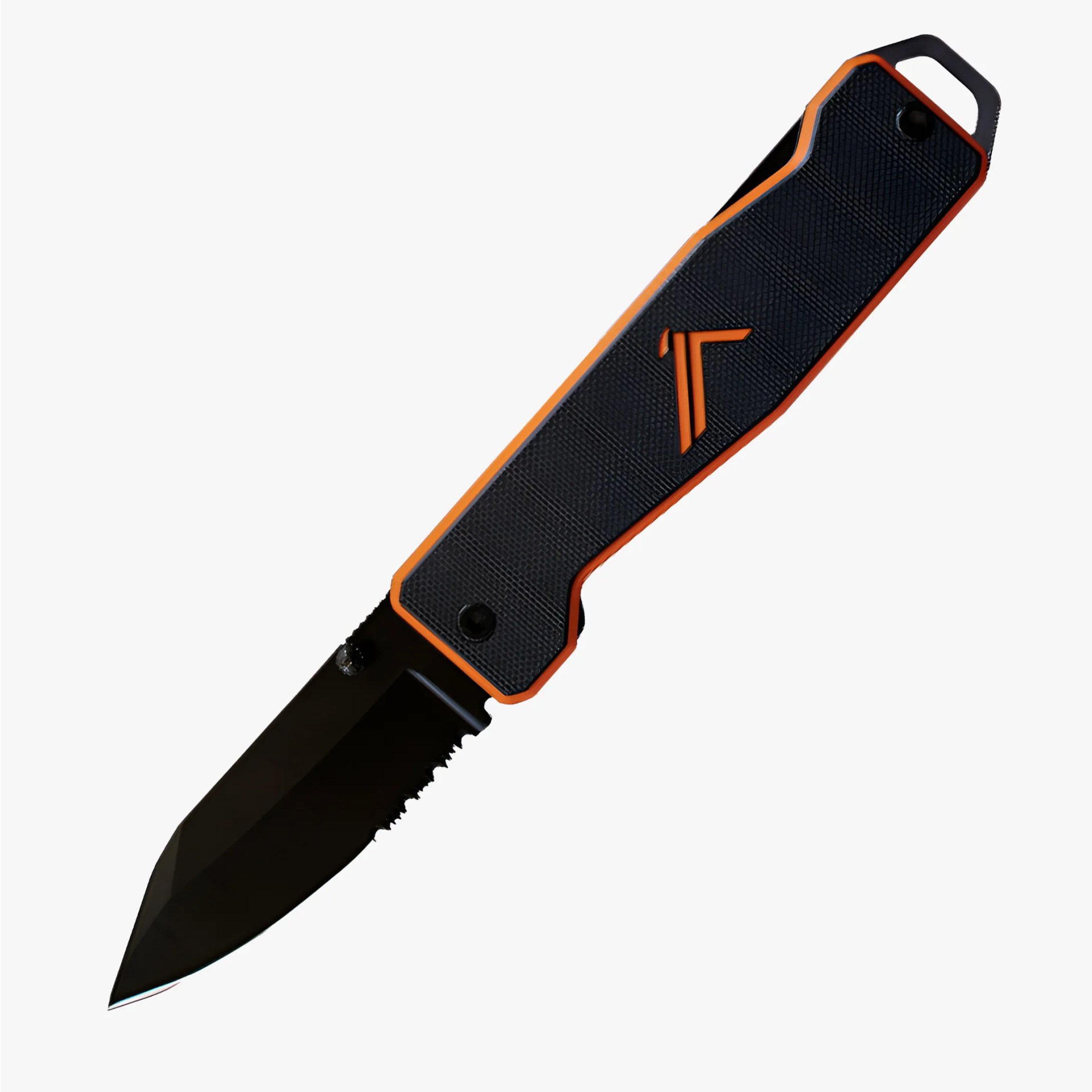 Black folding knife with partially serrated blade and textured black handle with orange trim and logo.