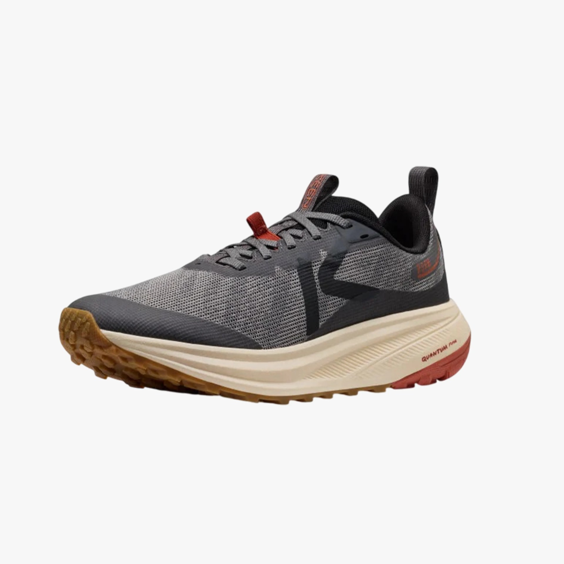 Gray and black mesh running shoe with beige midsole and gum rubber outsole.