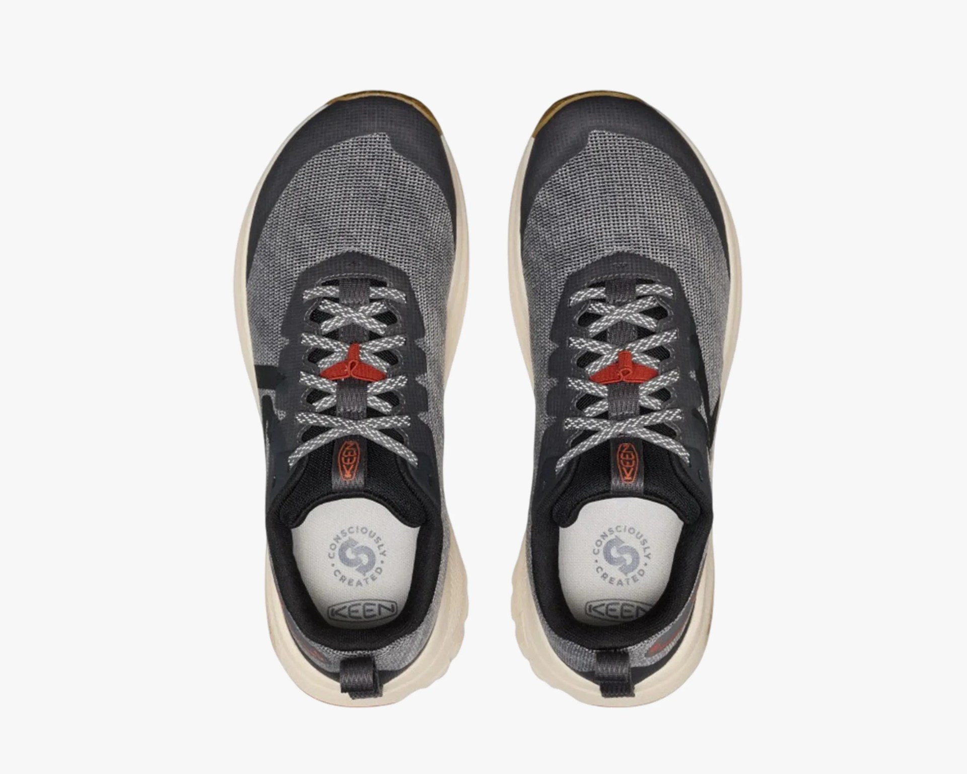 Pair of gray and black KEEN sneakers with white soles and red lace accents viewed from above.