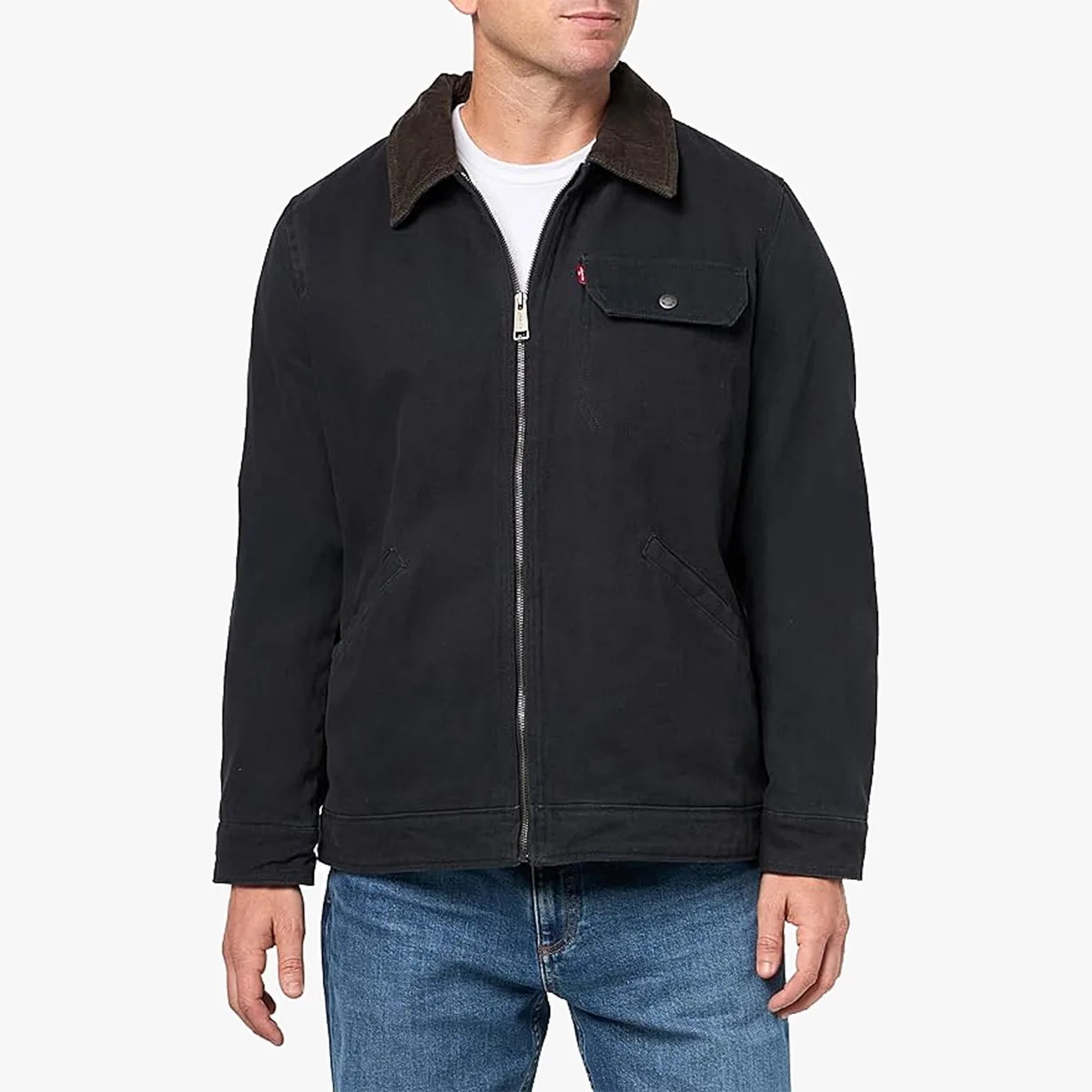 Black zip-up jacket with brown corduroy collar and flap chest pocket worn by a person.