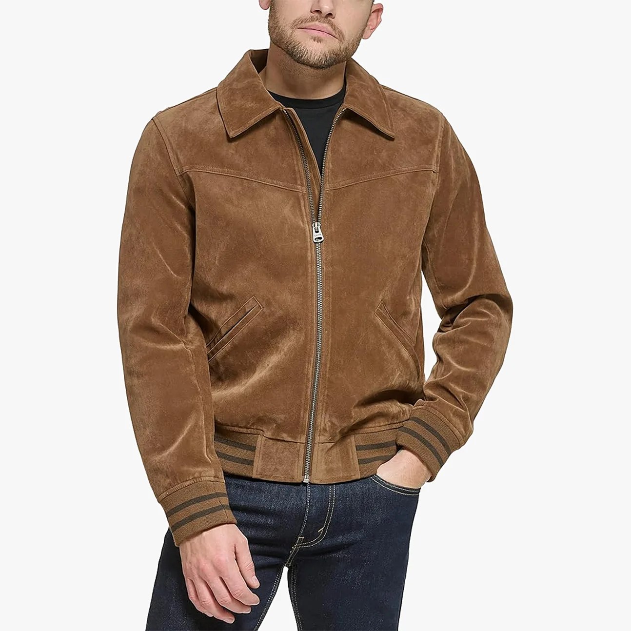 Brown suede bomber jacket with striped ribbed cuffs and waistband, worn over a black shirt.