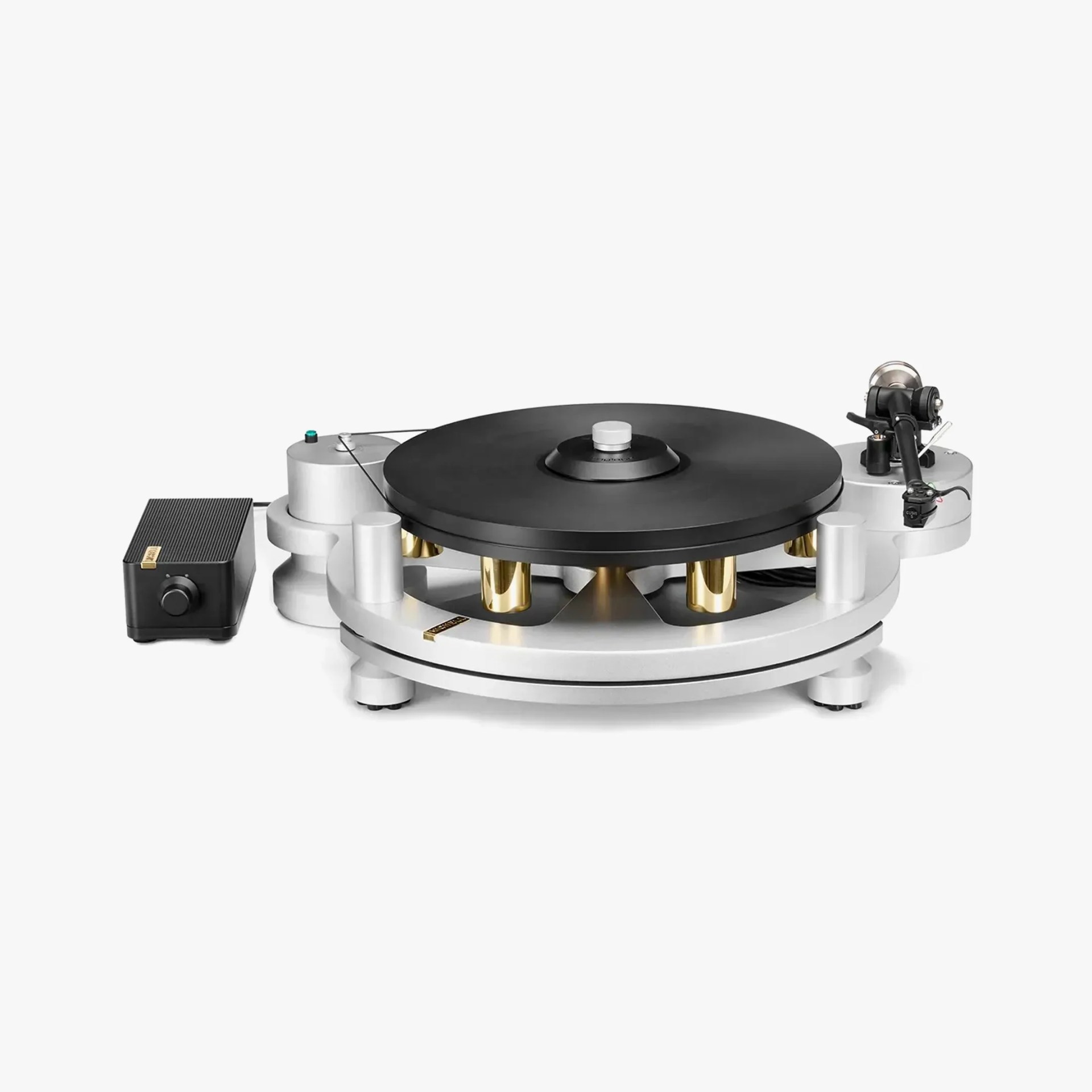 Silver and black high-end turntable with gold accents and separate black control box on a white background.