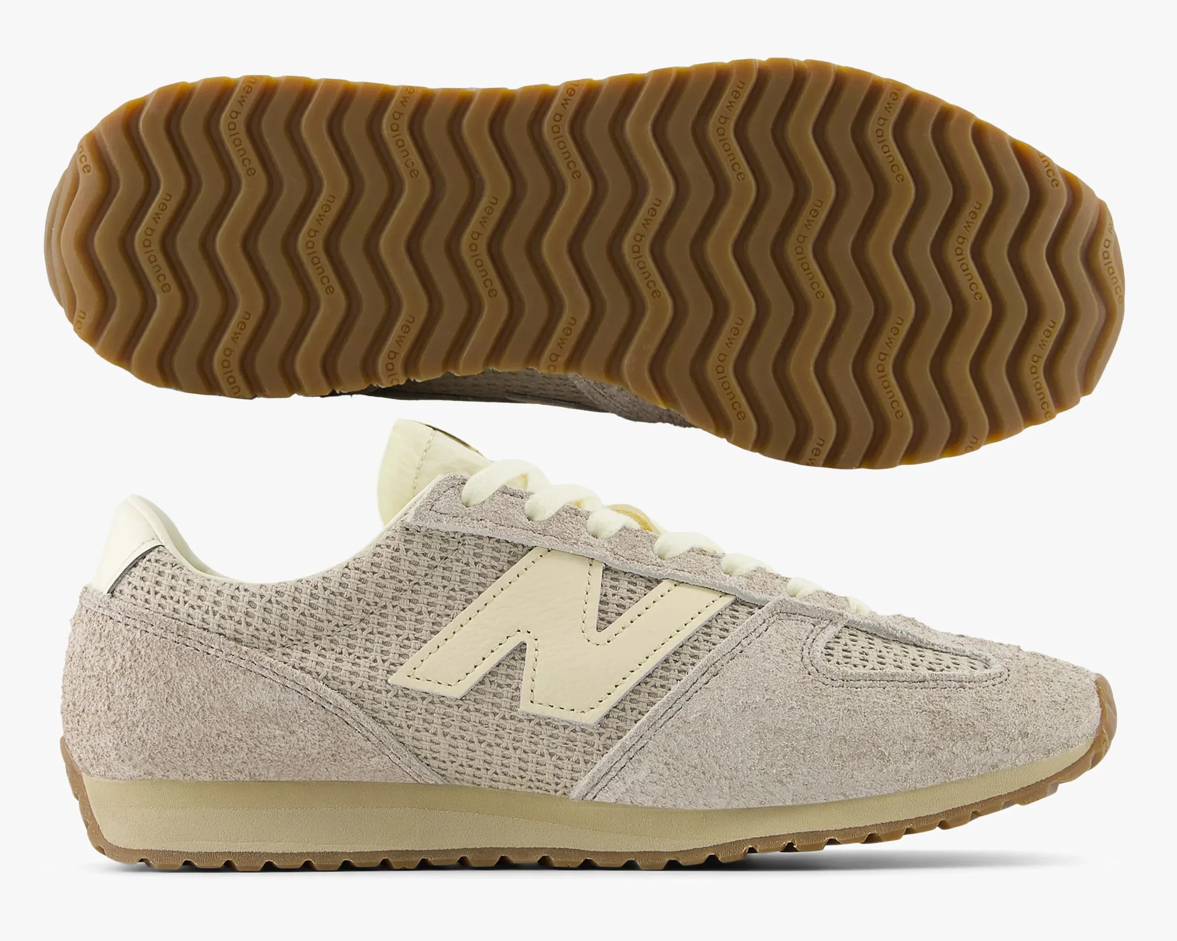Beige New Balance sneaker with suede and mesh upper, cream "N" logo, and gum rubber sole shown from side and bottom.