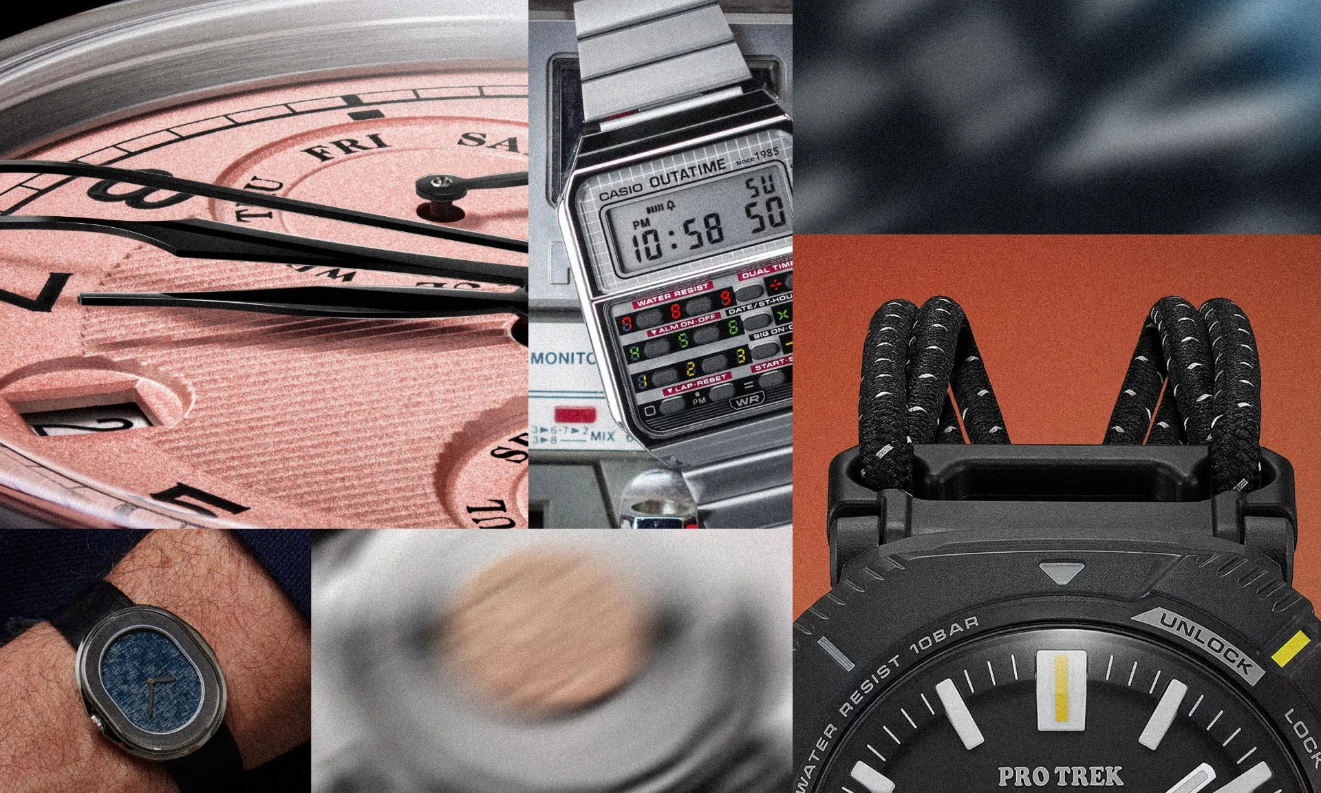 Collage of five watches: close-up of pink analog watch face with day indicator, silver Casio digital watch, black Pro Trek watch with rope strap, wrist wearing oval watch with blue textured face, and blurred watch with copper-colored dial.