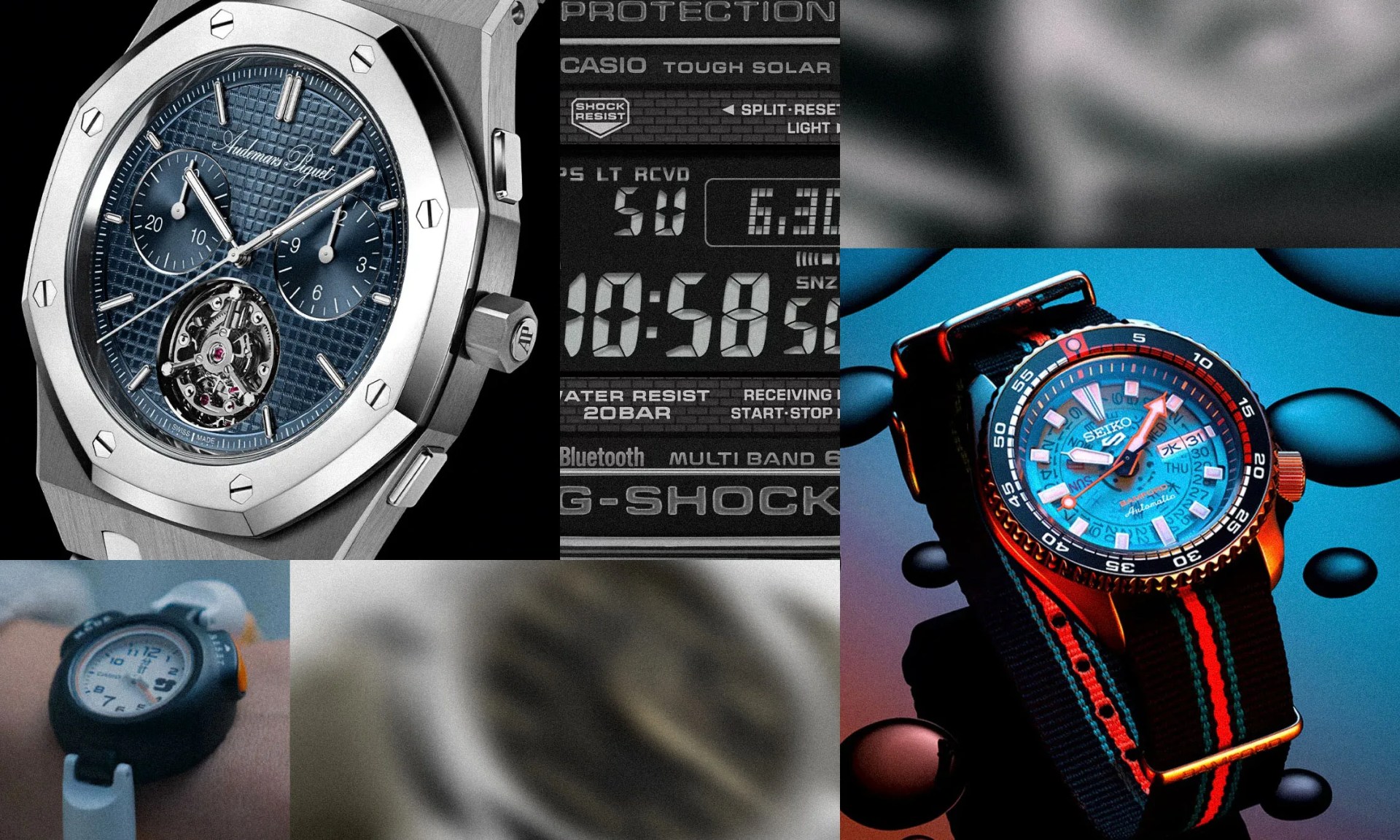 Collage of five watches: top left is a silver Audemars Piguet with a blue textured dial and tourbillon; top center is a close-up of a black Casio G-Shock digital display; top right is a Seiko automatic watch with a blue dial and black strap with red and green stripes; bottom left is a black and white Casio analog-digital watch on a wrist; bottom center is a blurred close-up of a watch face.