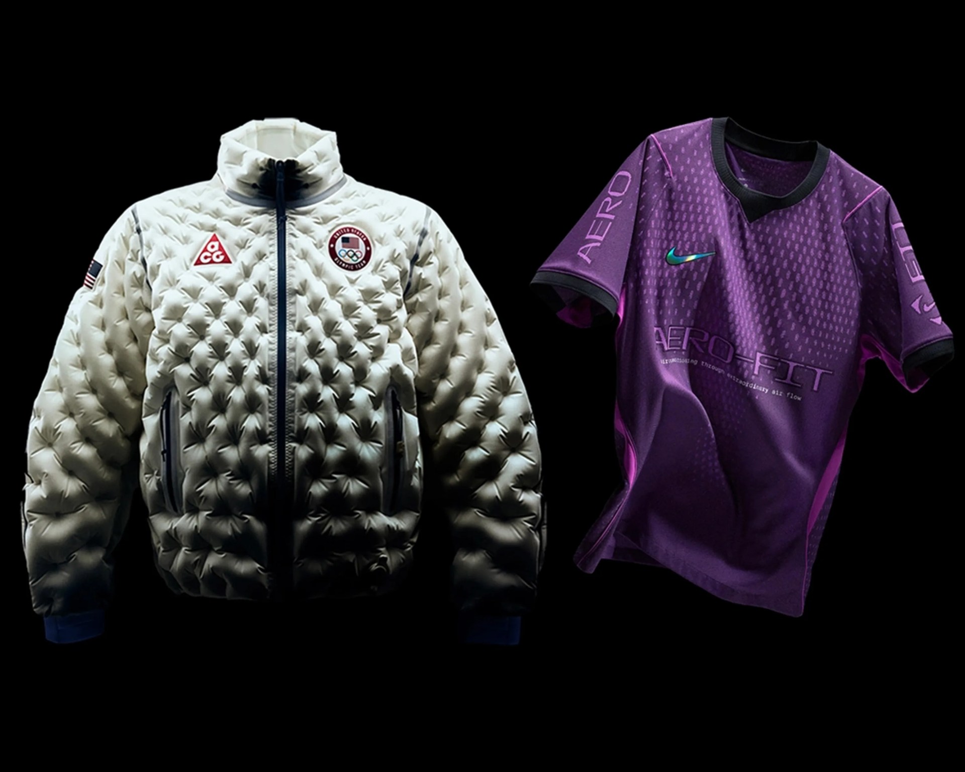White quilted jacket with USA Olympic and ACG logos next to a purple Nike Aero-FIT short-sleeve shirt with teal swoosh.