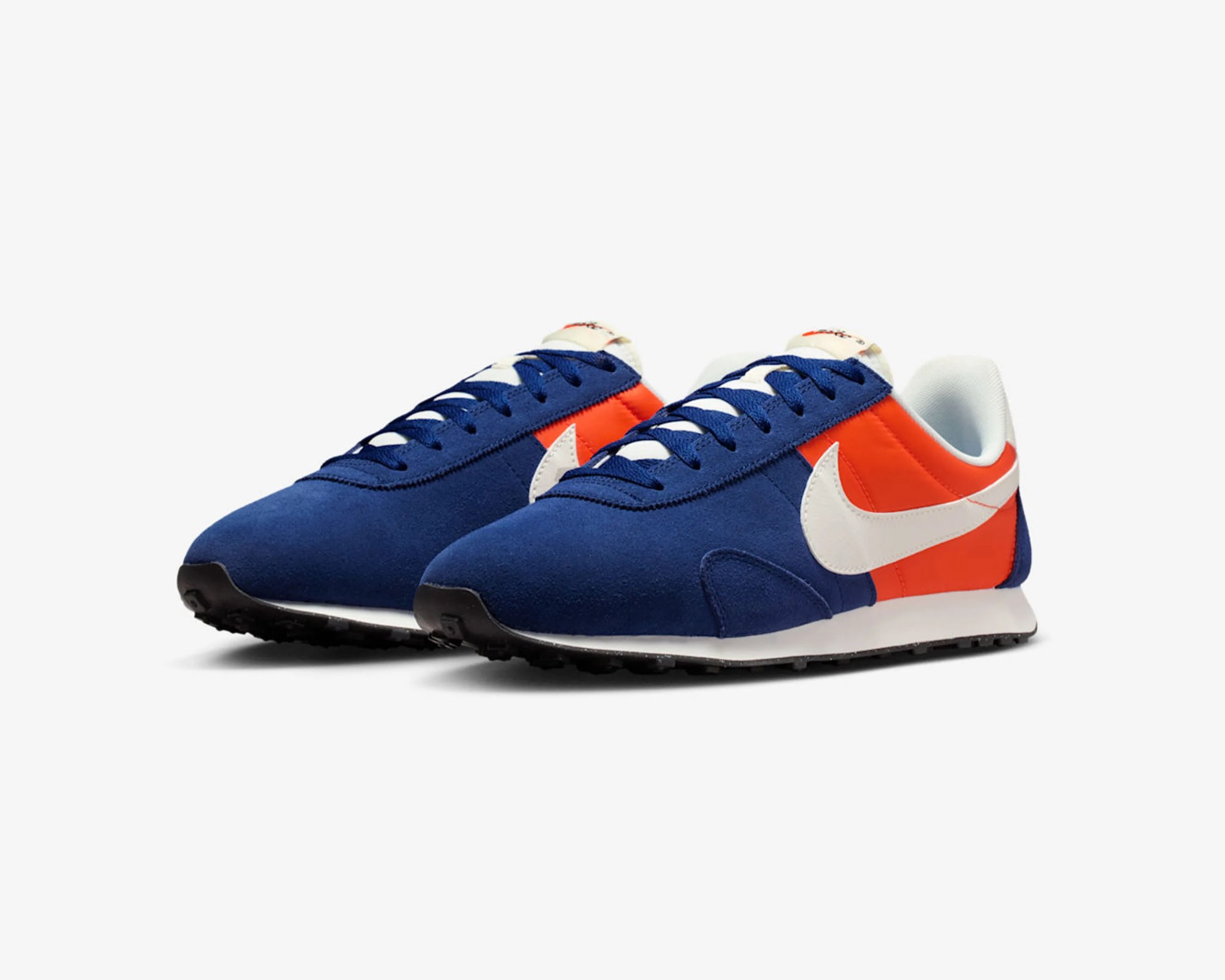 Pair of blue and orange Nike sneakers with white swoosh logos and black soles on a white background.
