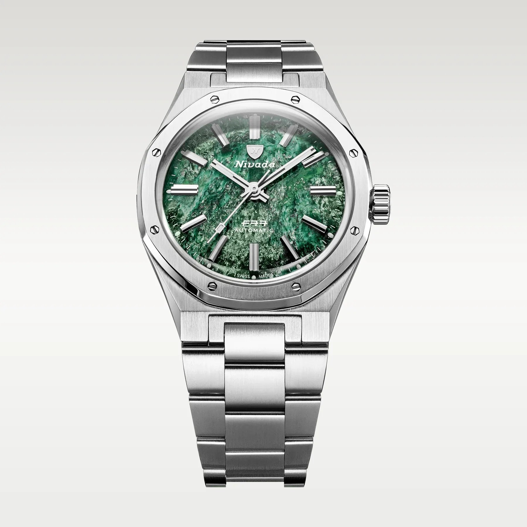 Stainless steel wristwatch with a textured green marble dial and silver hour markers and hands.