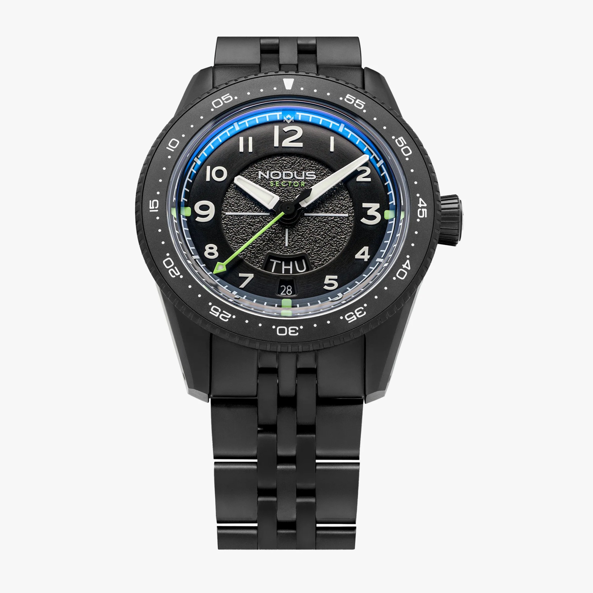 Black metal wristwatch with textured black dial, white numerals, green second hand, and day-date display.