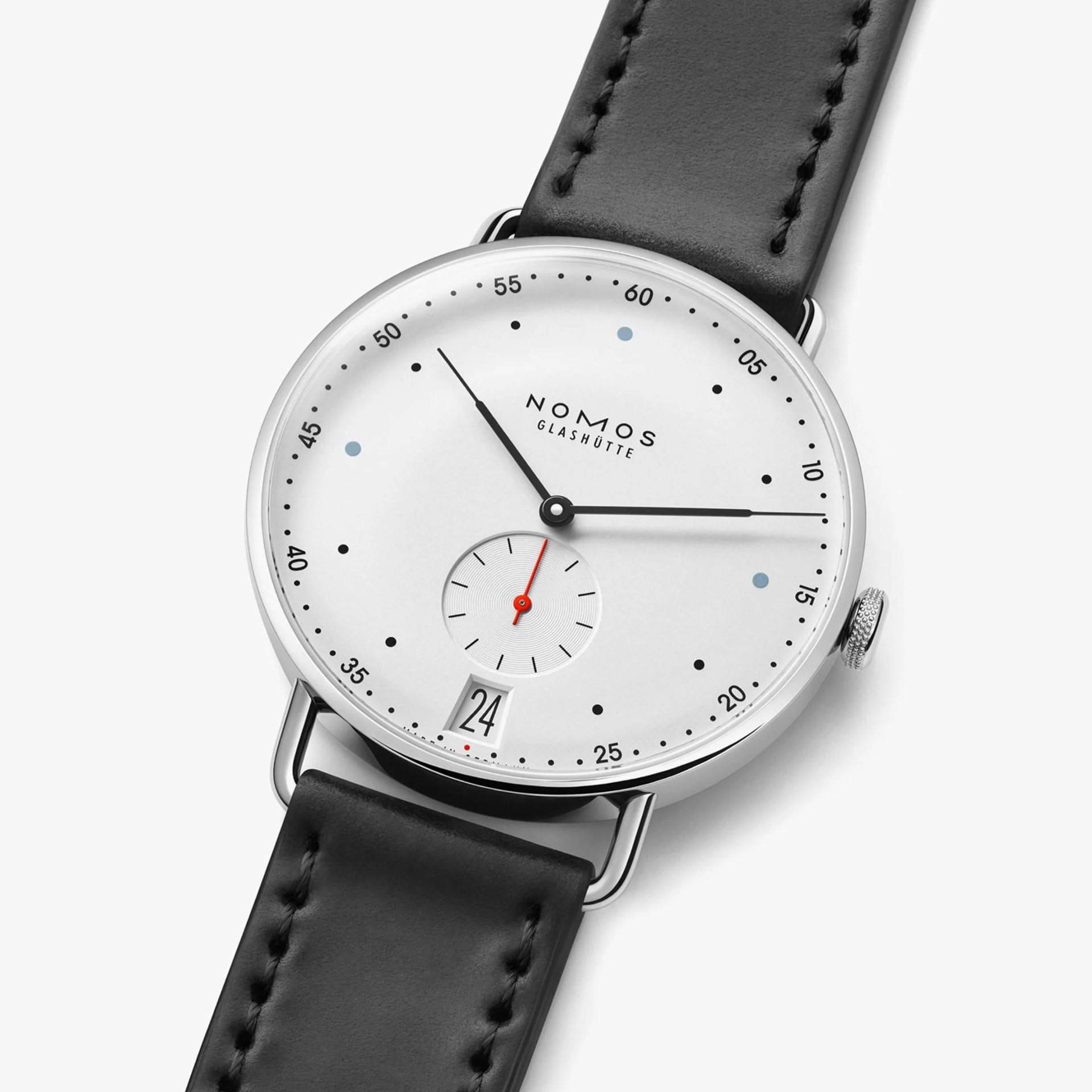 Silver NOMOS Glash&uuml;tte wristwatch with white dial, black leather strap, and date display at 6 o'clock.