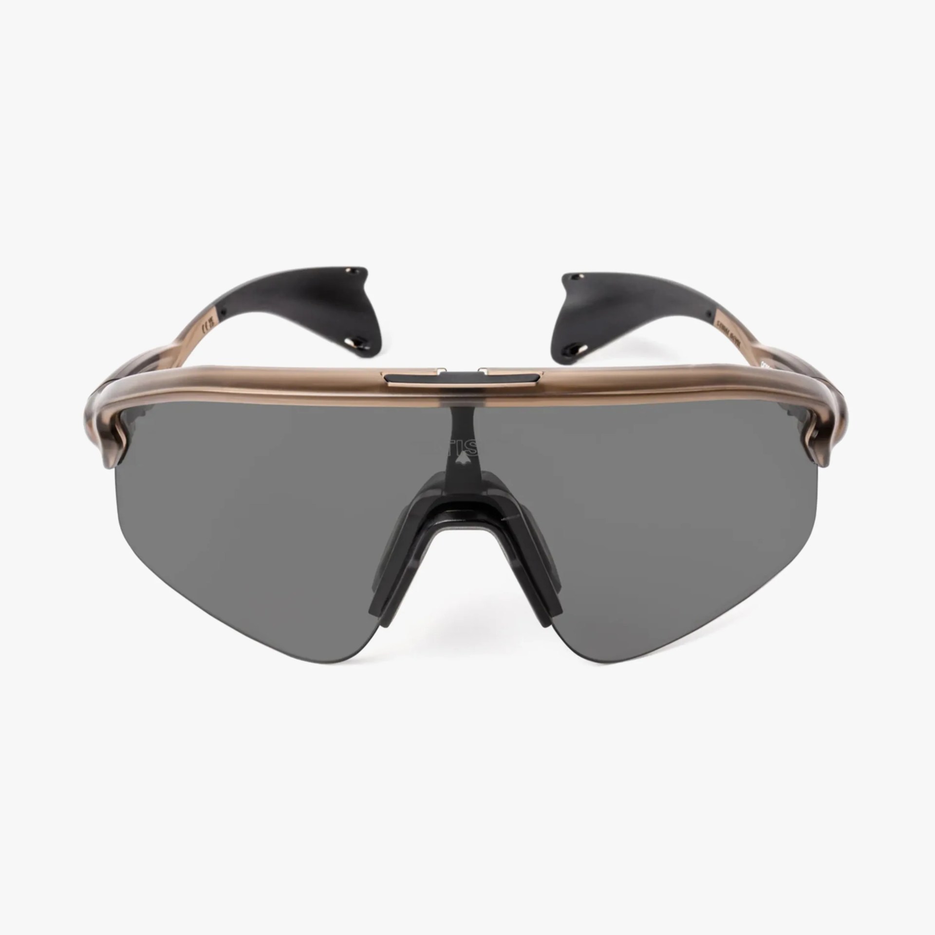 Sporty wraparound sunglasses with a bronze frame and dark gray lenses.