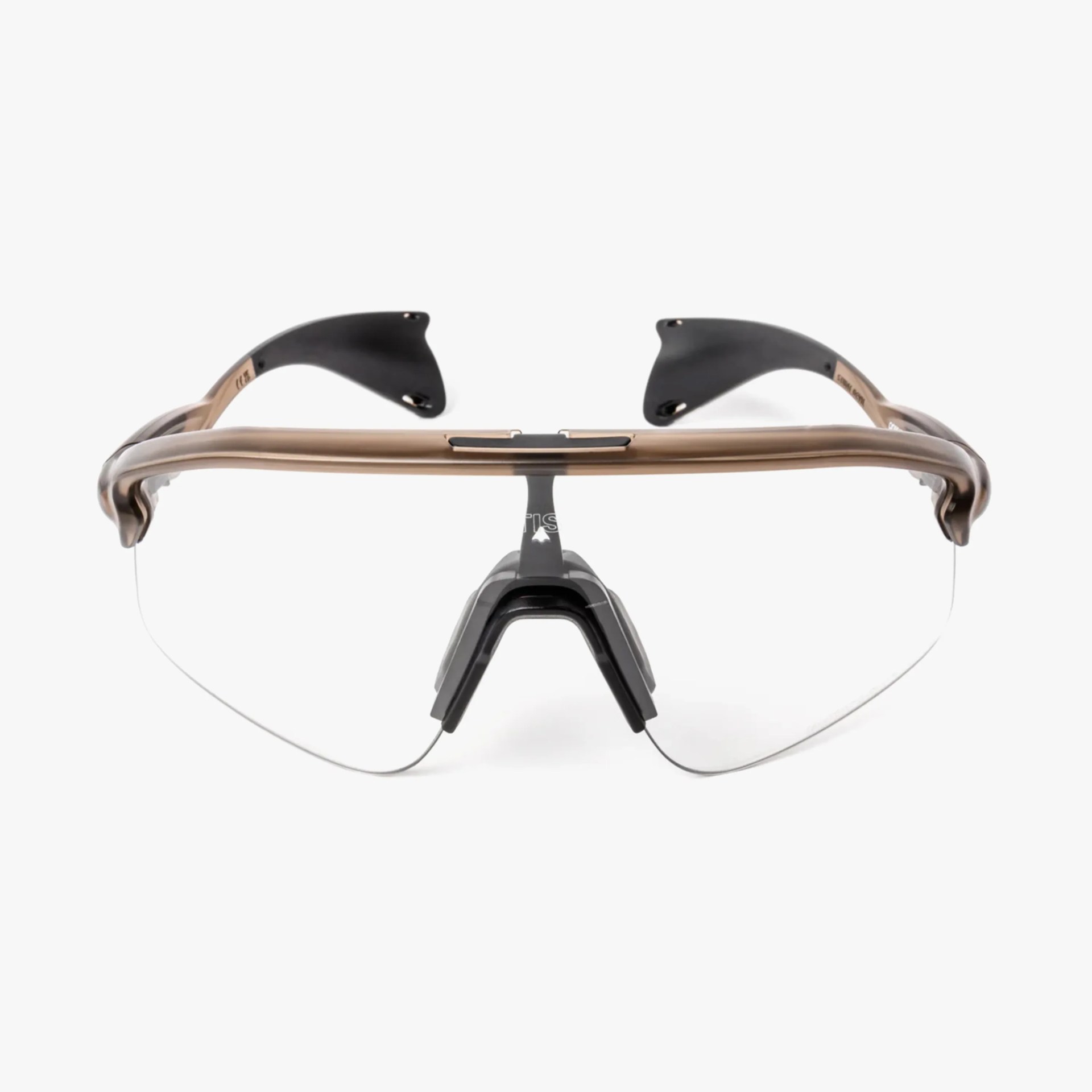 Sporty wraparound sunglasses with clear lenses and a brown frame viewed from the front.