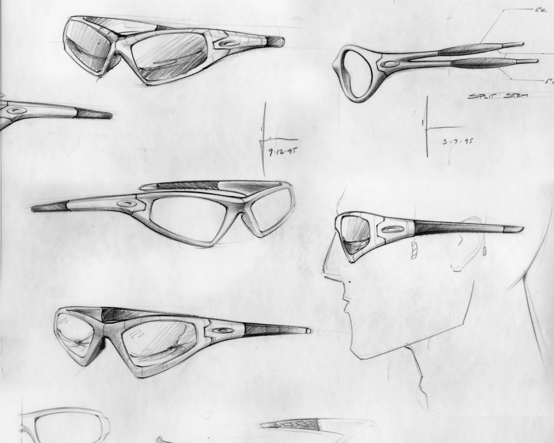 Pencil sketches of sporty wraparound sunglasses with thick frames and Oakley logo, shown from multiple angles including side view on a head.