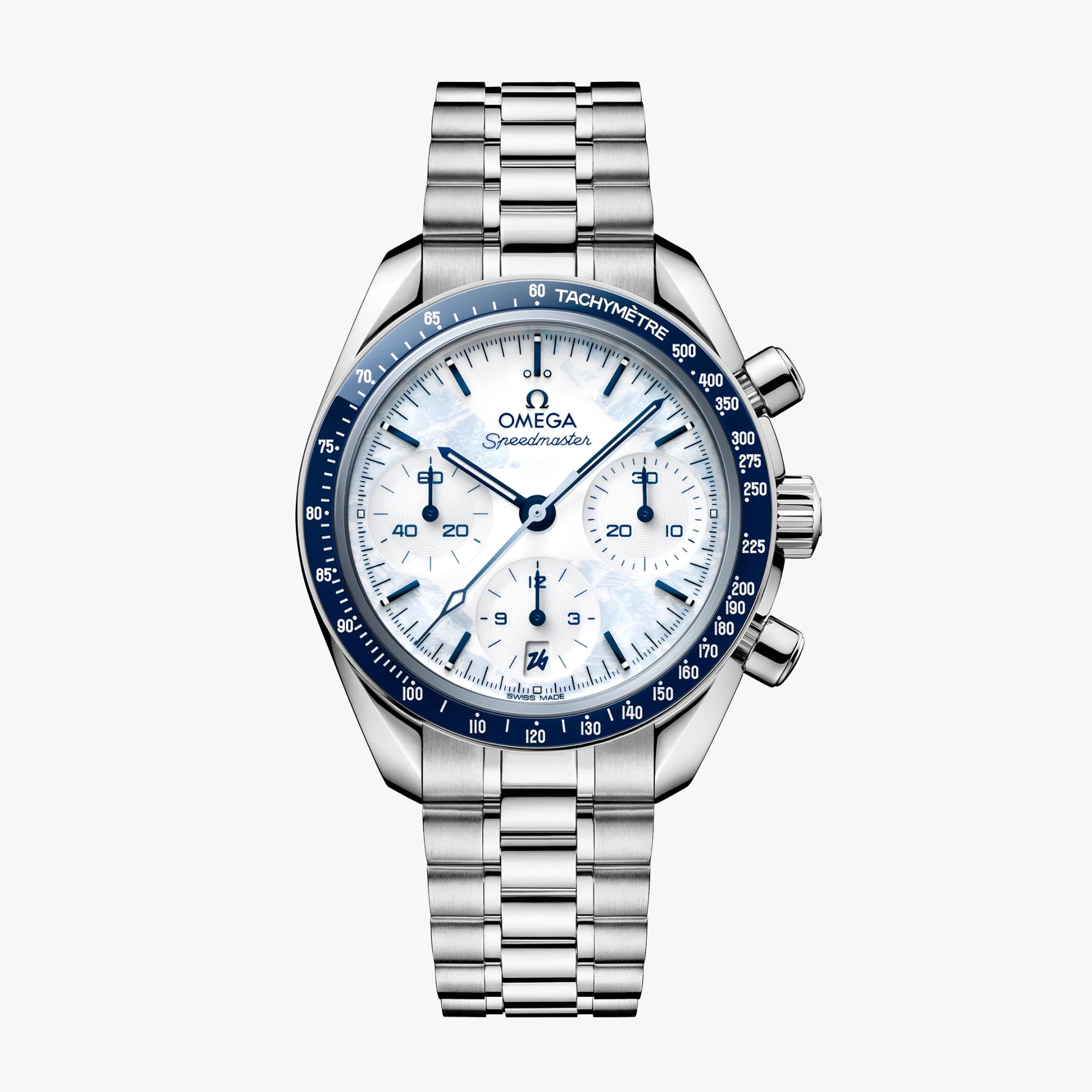 Omega Speedmaster watch with stainless steel bracelet, blue tachymeter bezel, and white dial with subdials.