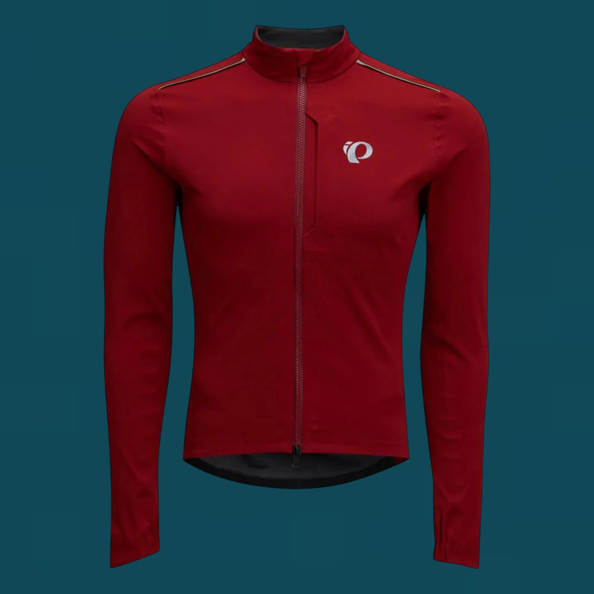 Red long-sleeve cycling jersey with full front zipper and white logo on chest against a teal background.