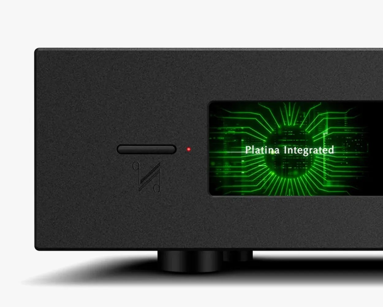 Close-up of a black electronic device front panel with a small red indicator light and a screen displaying "Platina Integrated" with a green circuit design.