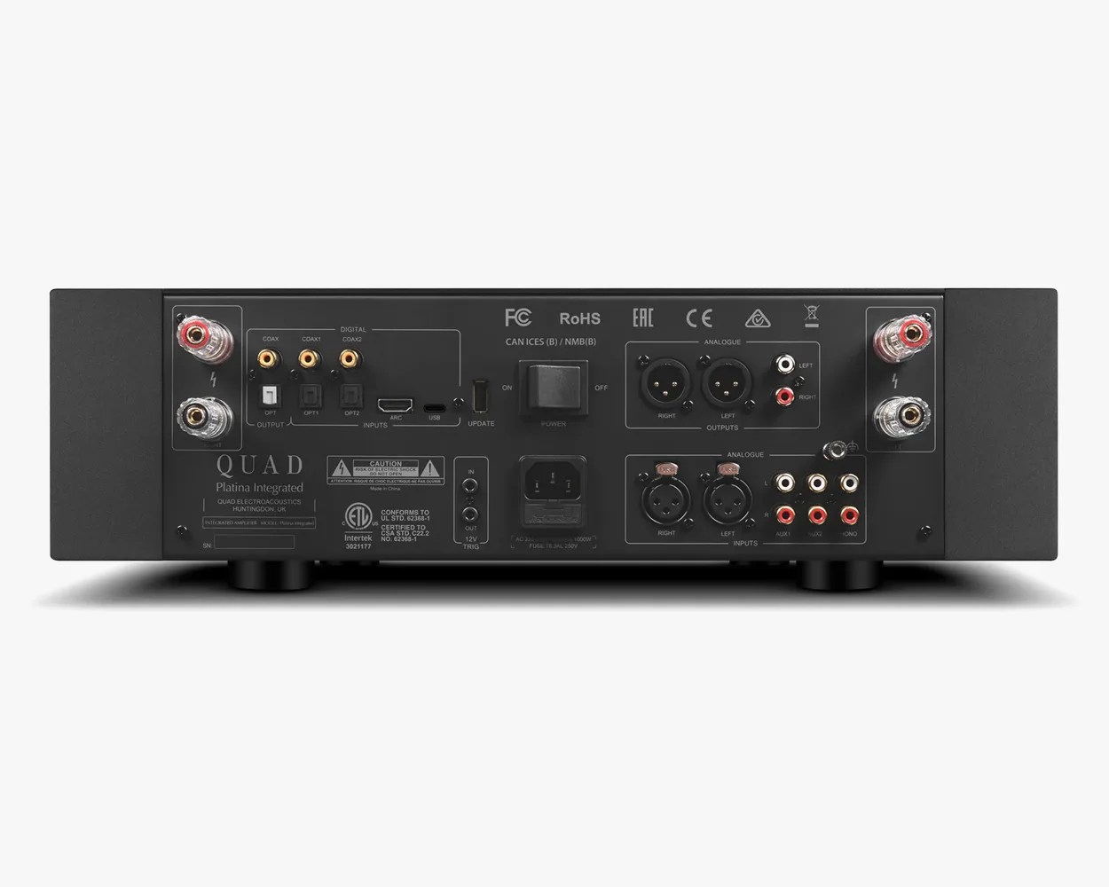 Rear panel of a black Quad Platina Integrated amplifier showing speaker terminals, digital and analogue inputs and outputs, power switch, and power socket.