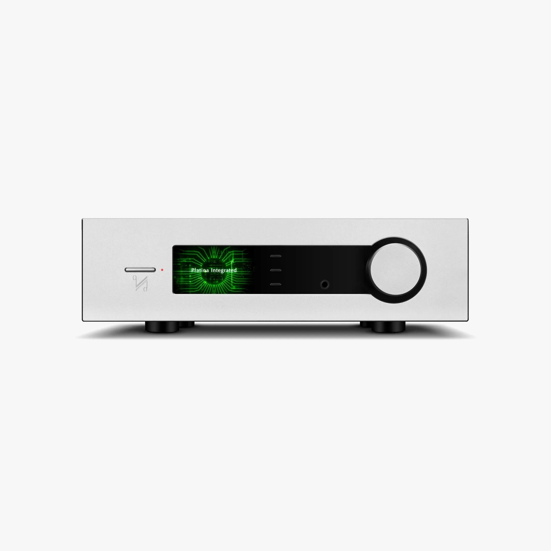 Silver and black audio amplifier with digital display showing "Platina Integrated" and a large round knob on the right.
