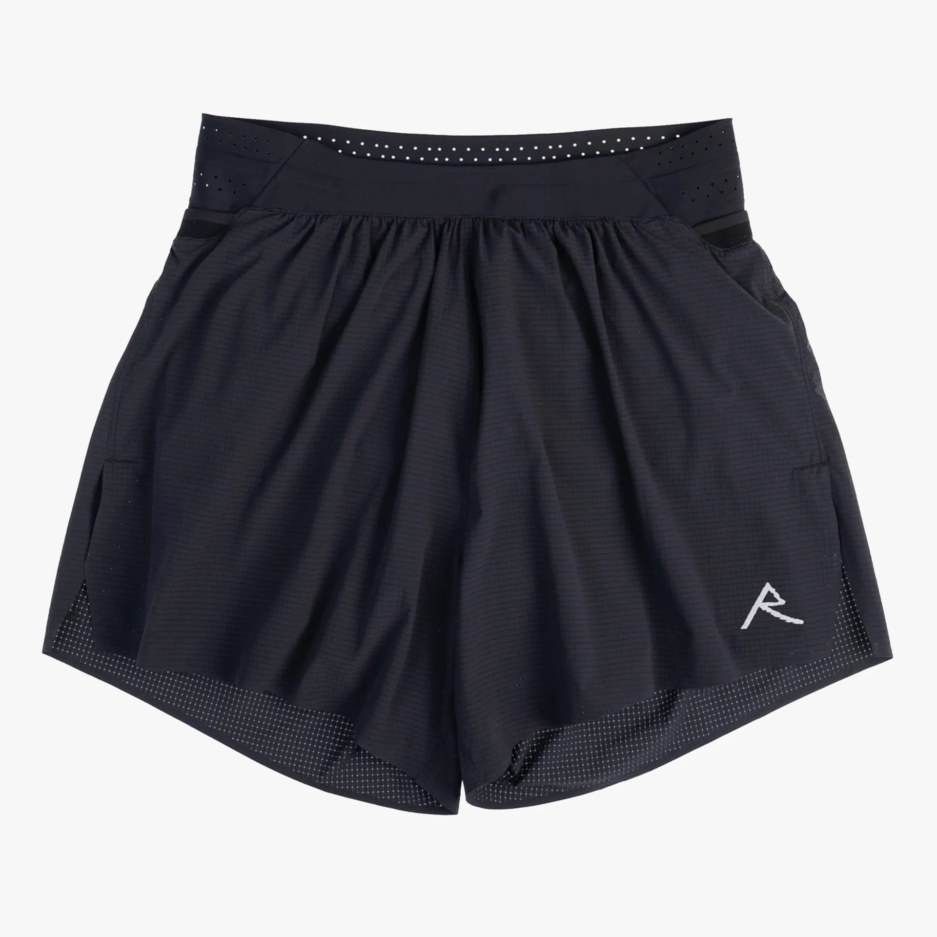 Black athletic shorts with perforated waistband and small white logo on the left leg.