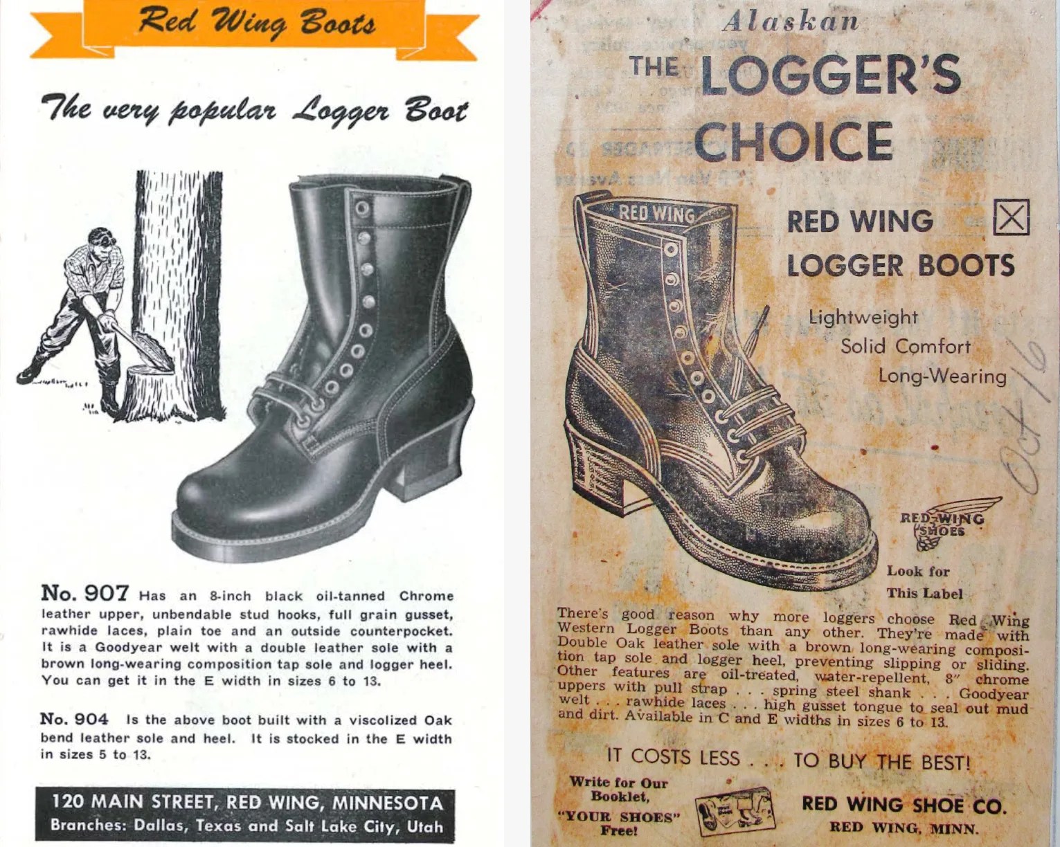 Two vintage Red Wing Logger Boots advertisements, each showing a black leather boot with detailed descriptions and company addresses.
