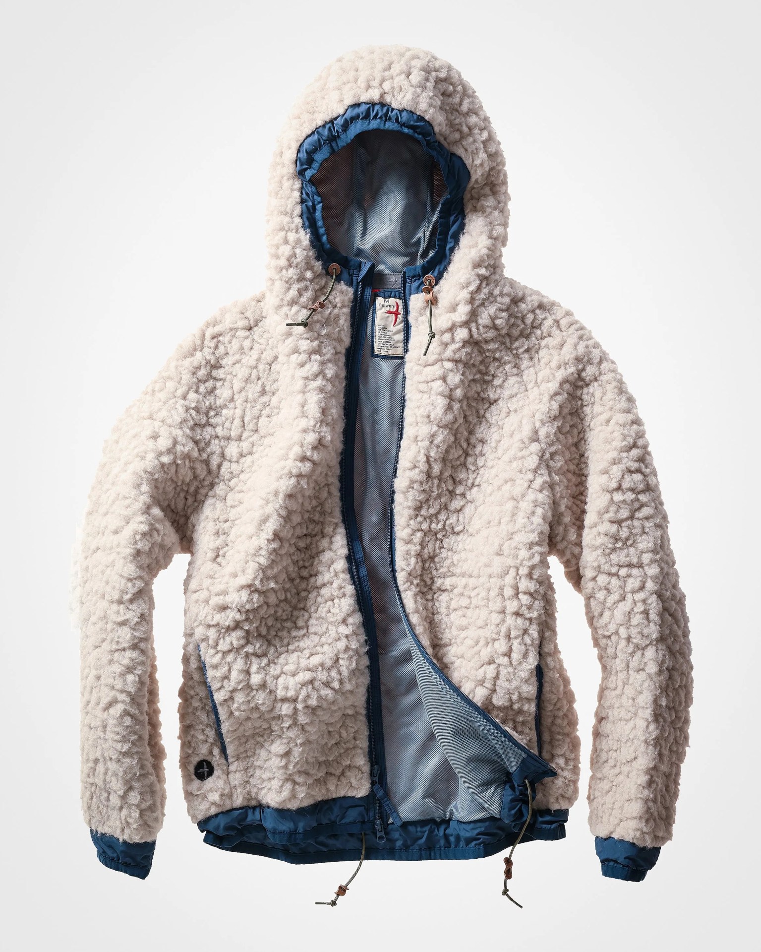 Beige sherpa fleece jacket with blue lining, hood, and drawstrings, shown unzipped.