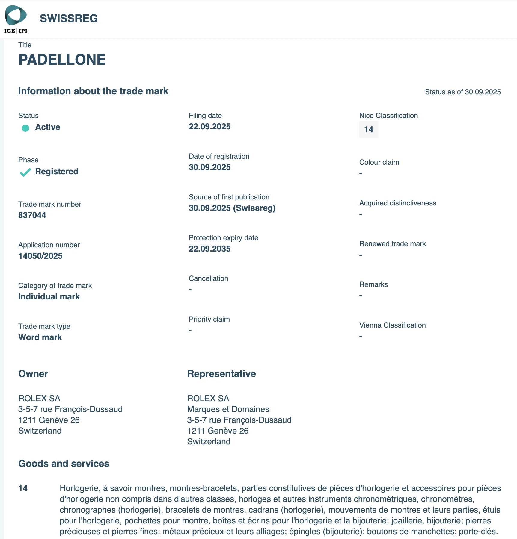 Trademark registration details for "PADELLONE" by ROLEX SA, active and registered under Nice Classification 14, covering watches and related accessories.