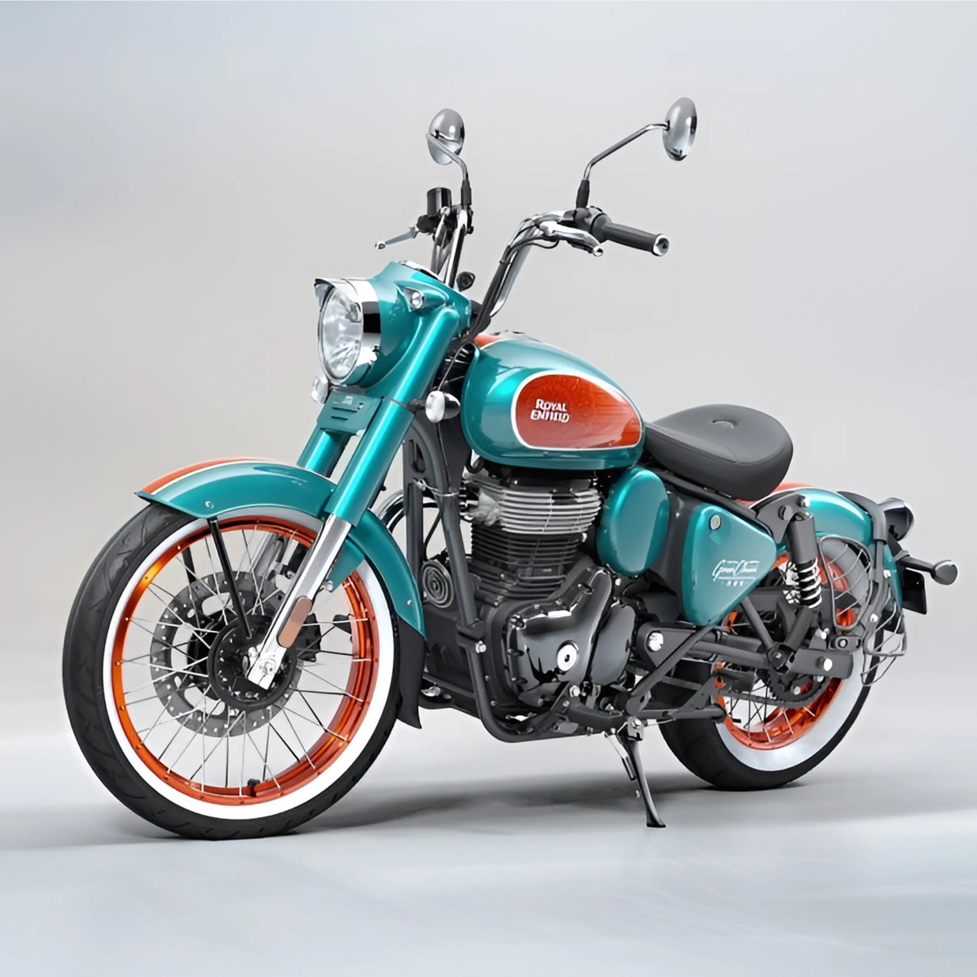 Teal and orange Royal Enfield motorcycle with black seat and chrome accents on a gray background.