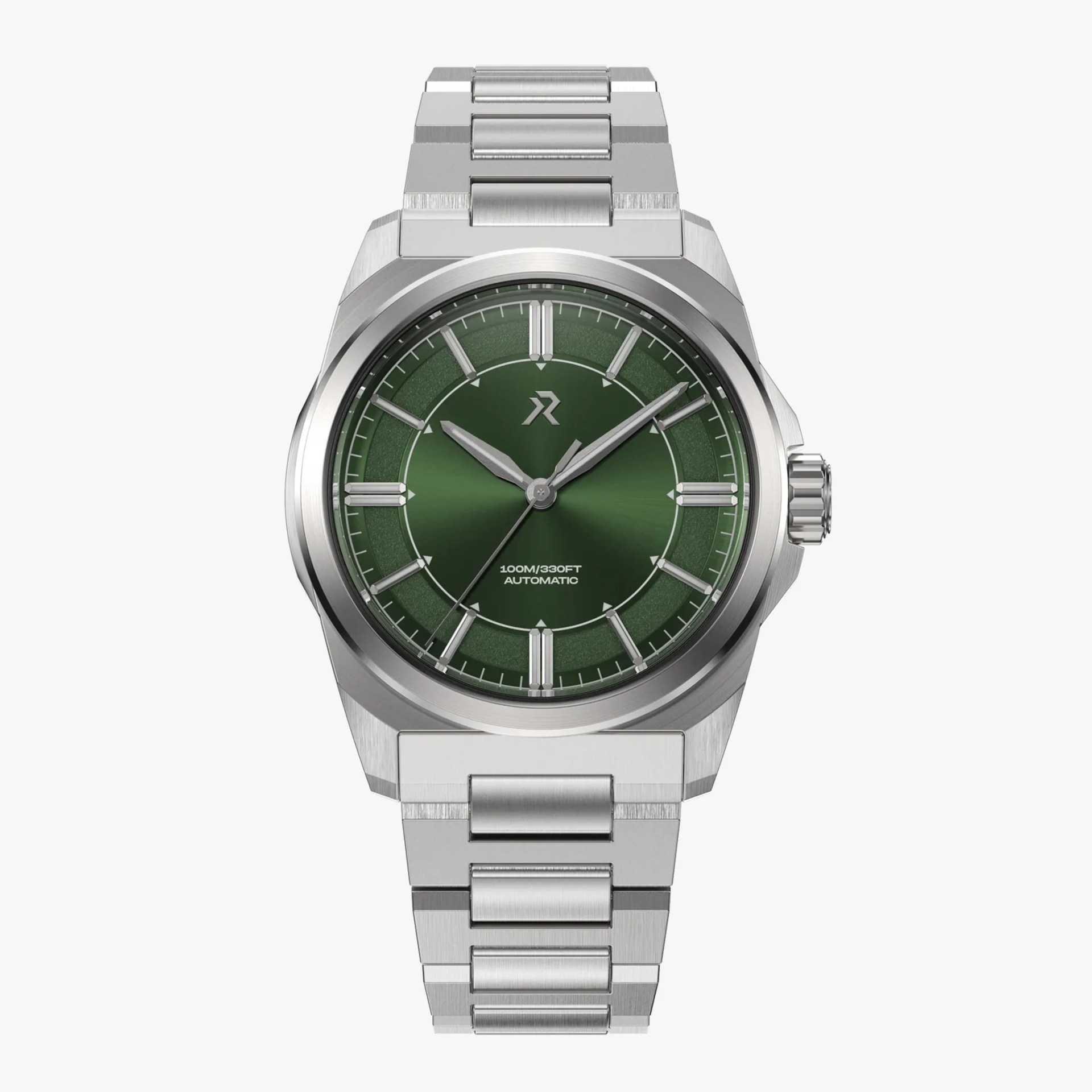 Stainless steel wristwatch with green dial, silver hour markers, and metal link bracelet.