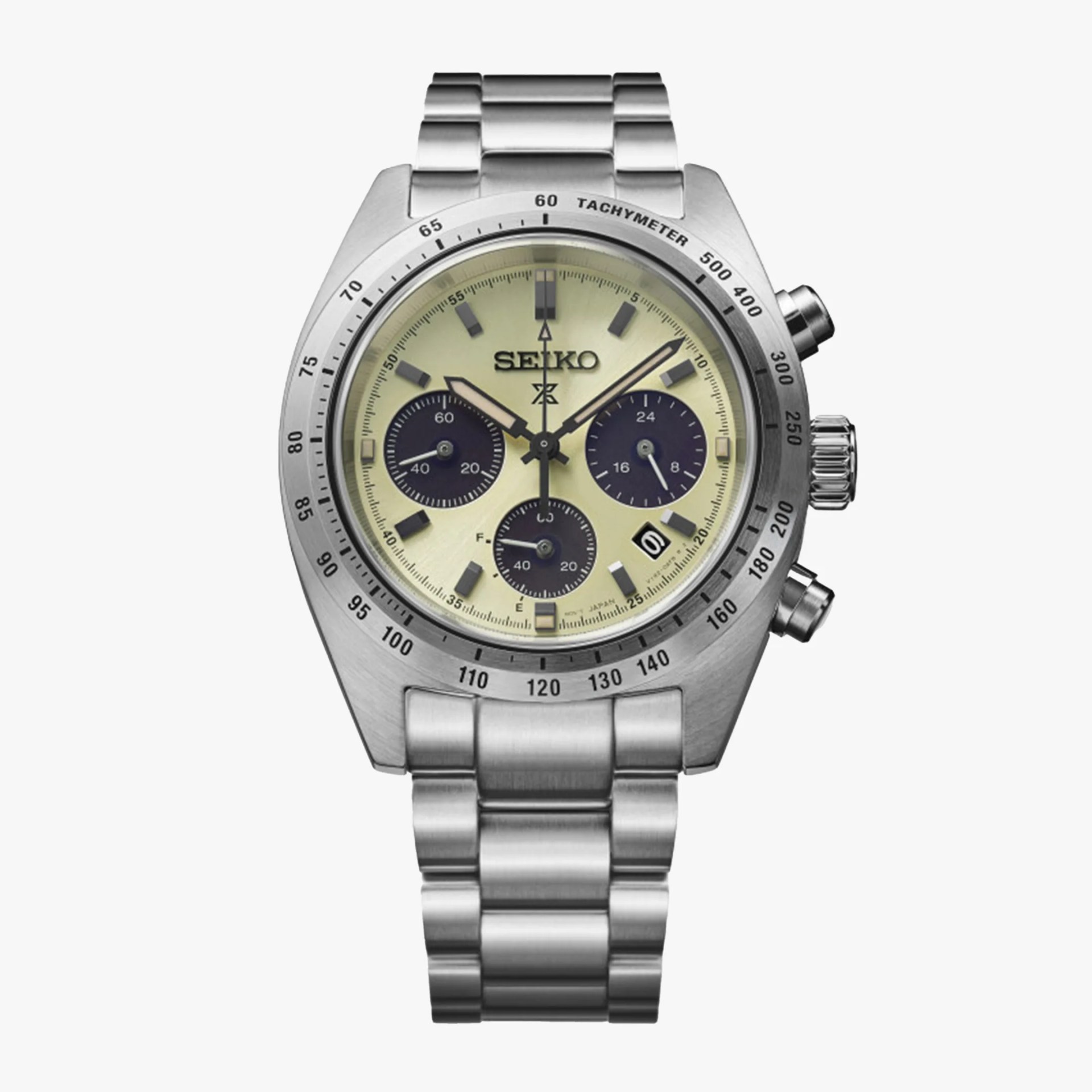 Stainless steel Seiko chronograph watch with cream dial, black subdials, tachymeter bezel, and metal bracelet.