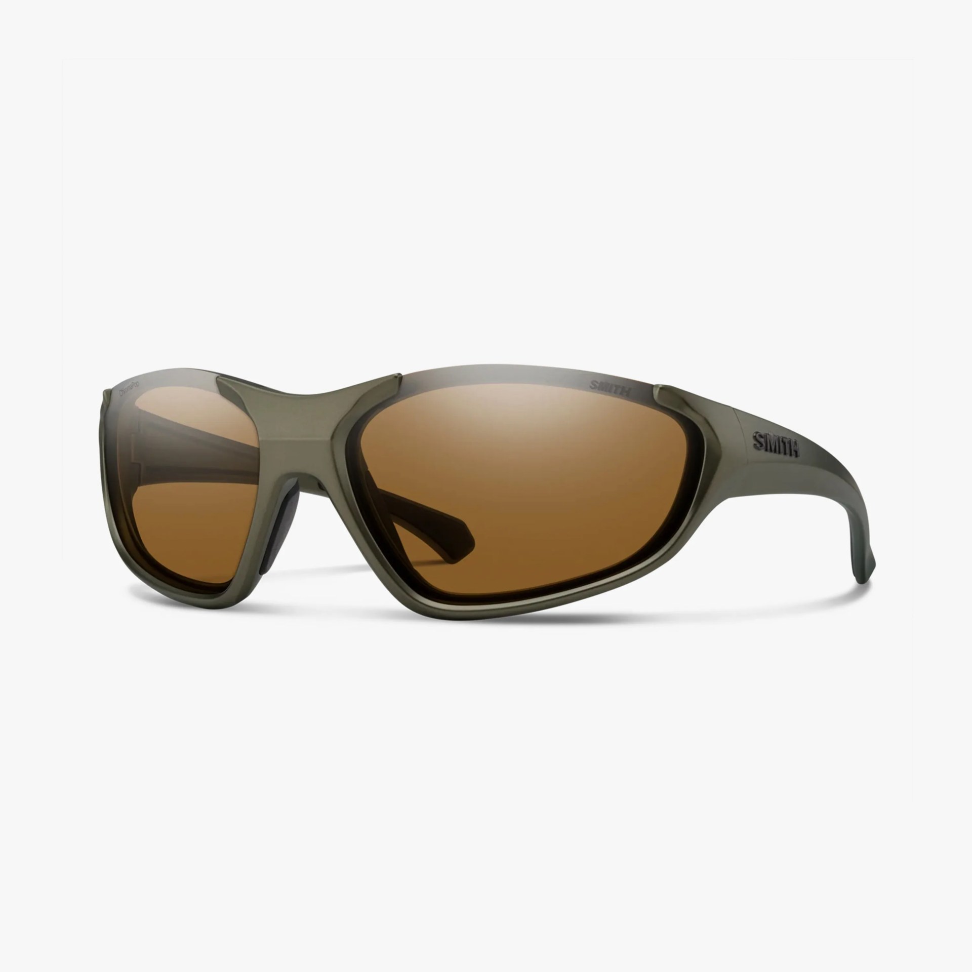 Matte olive green wraparound sunglasses with brown lenses and "SMITH" logo on the temple.