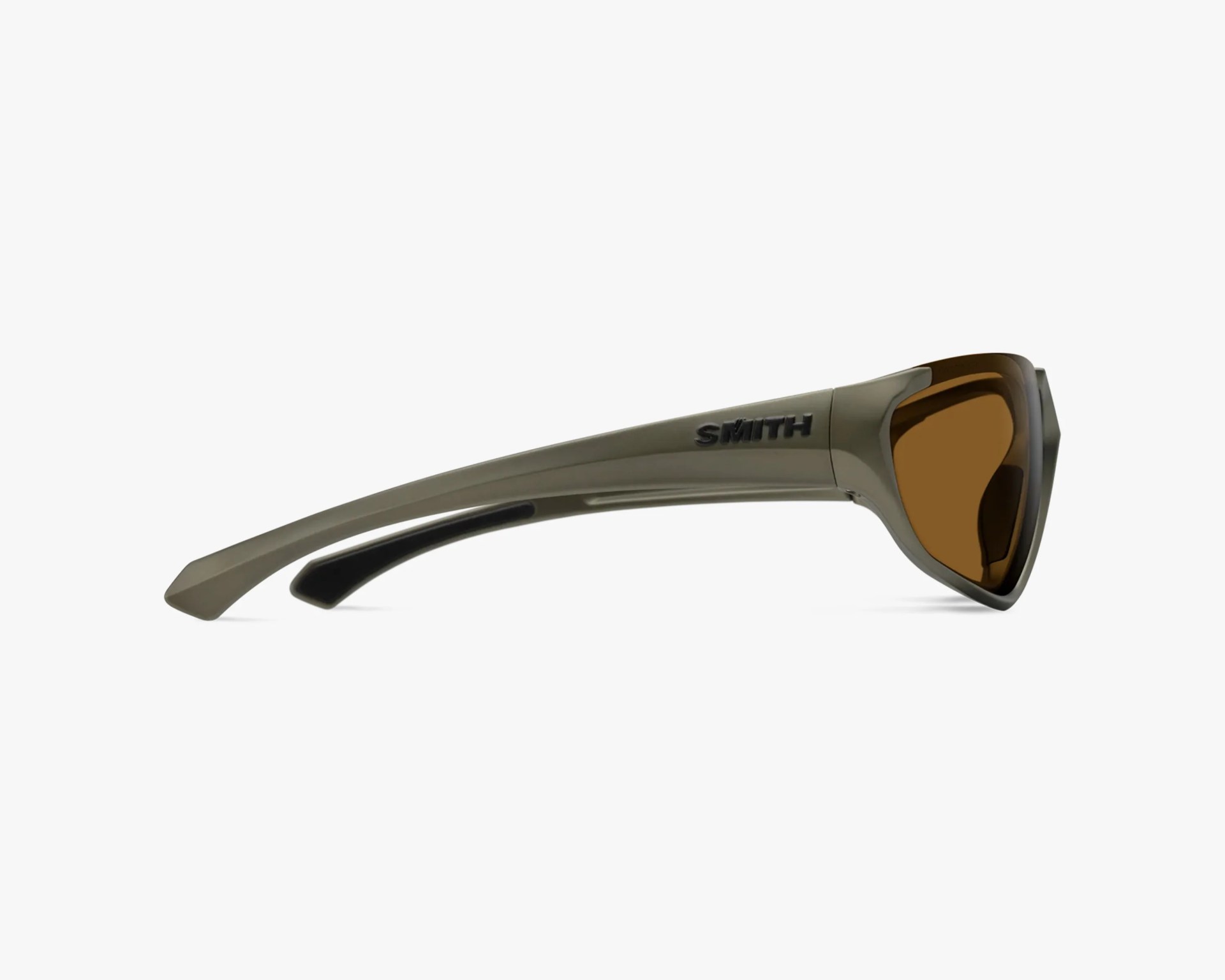 Olive green Smith sunglasses with brown lenses shown from the side on a white background.