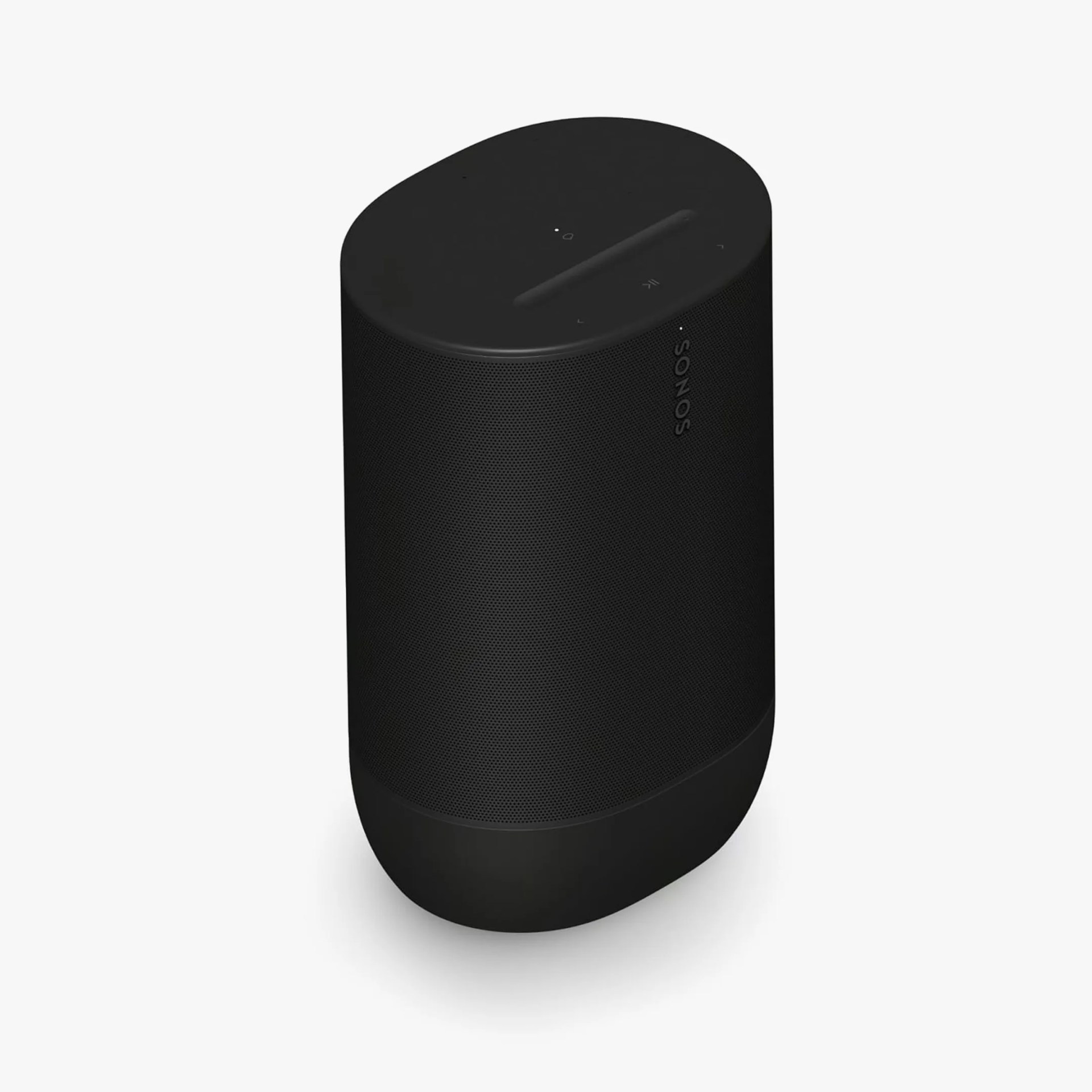 Black Sonos wireless smart speaker with rounded edges and touch controls on top.