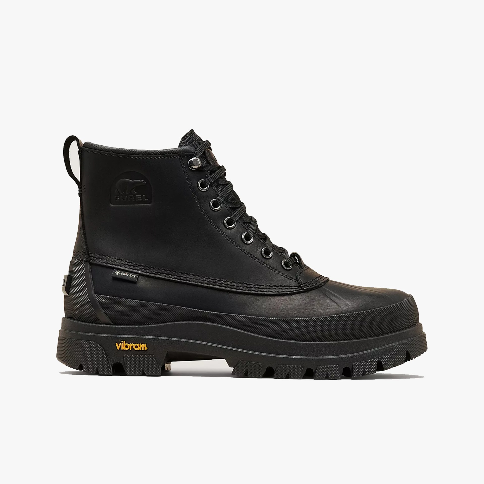 Black high-top Sorel boot with Gore-Tex label and Vibram sole, viewed from the side.