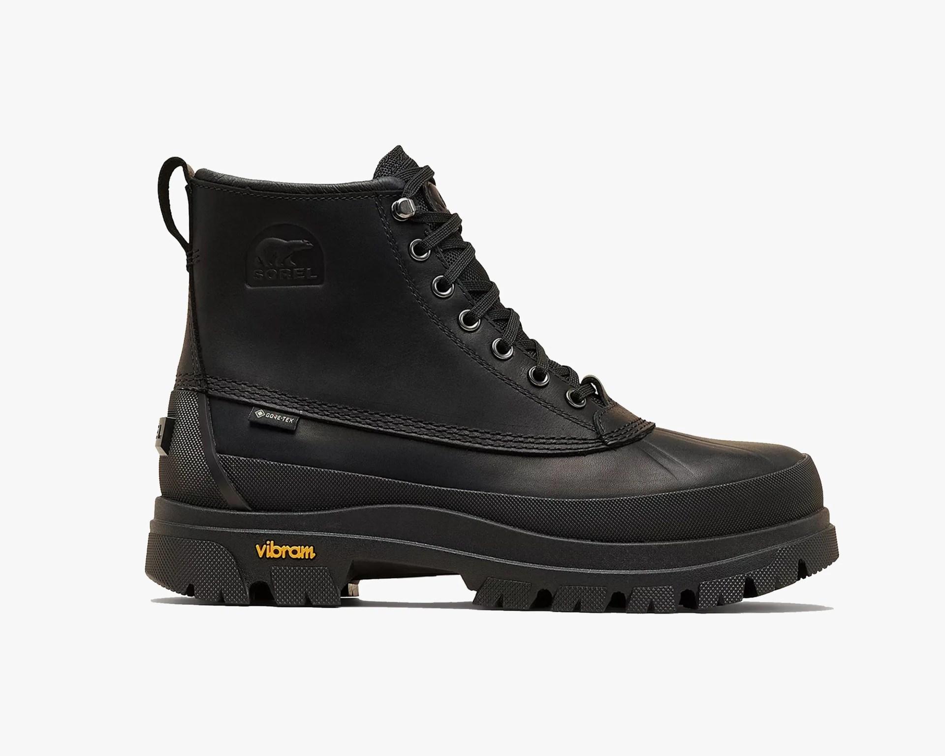Black leather and rubber lace-up boot with Vibram sole and Gore-Tex tag on a white background.