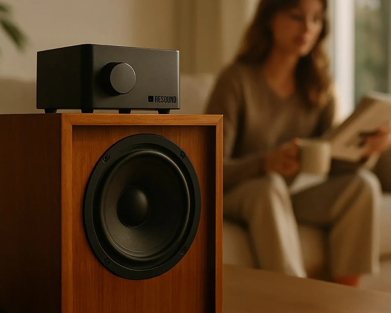 Wooden speaker with black driver and black Resound amplifier on top, with a person reading and holding a mug in the background.