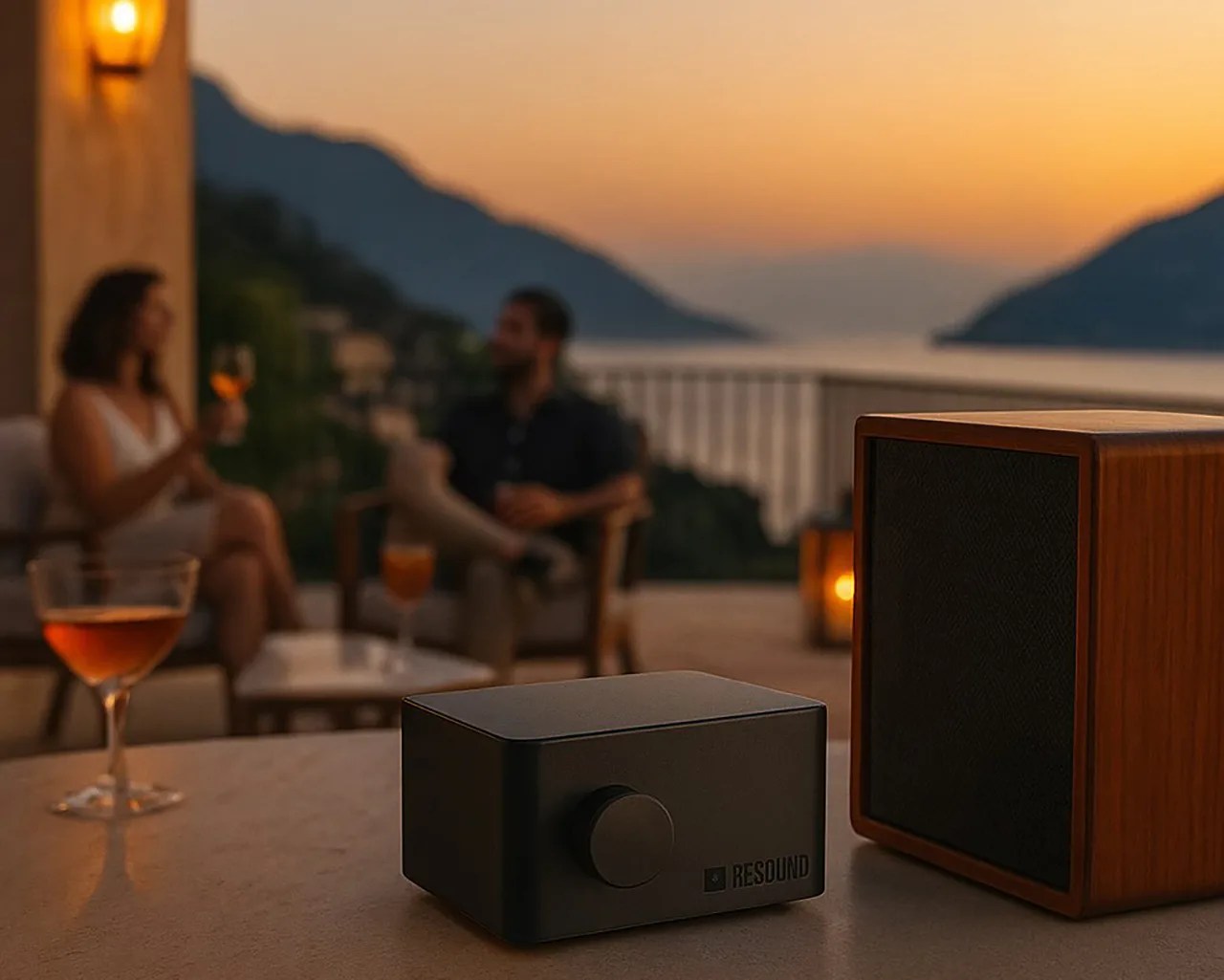Black rectangular audio amplifier with a knob and "RESOUND" logo next to a wooden speaker on a table at sunset.