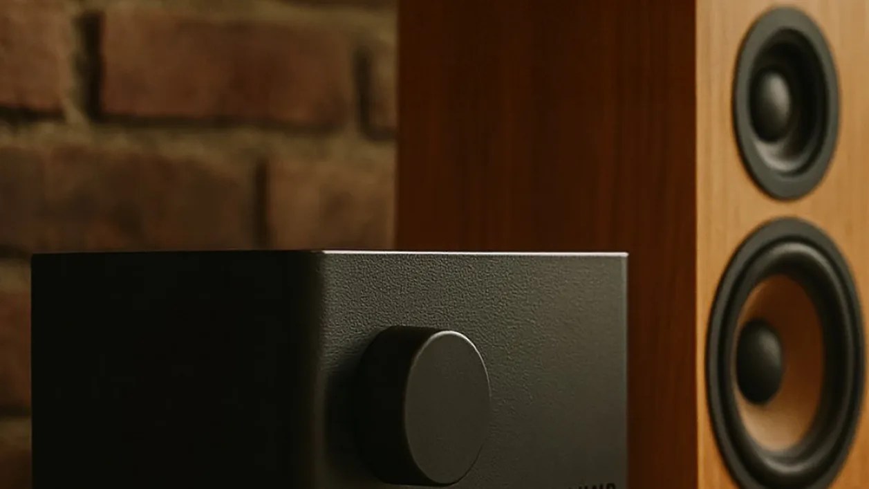 Black audio amplifier with a large round knob next to a wooden speaker with two drivers.