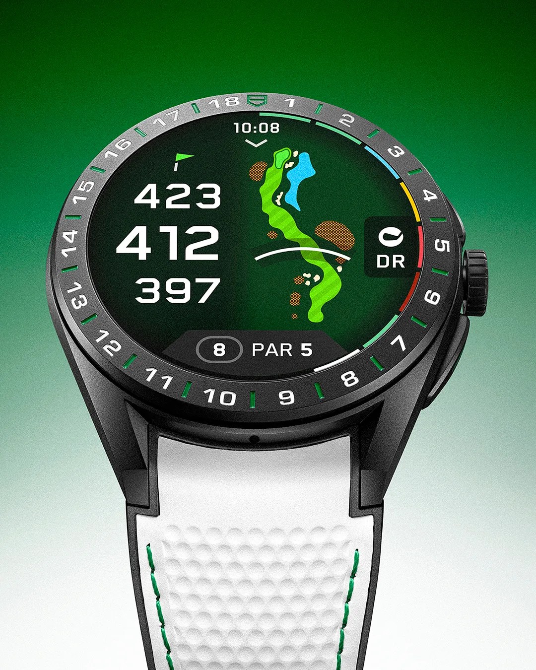 Black smartwatch with white textured strap displaying a golf course map and hole distances on screen.