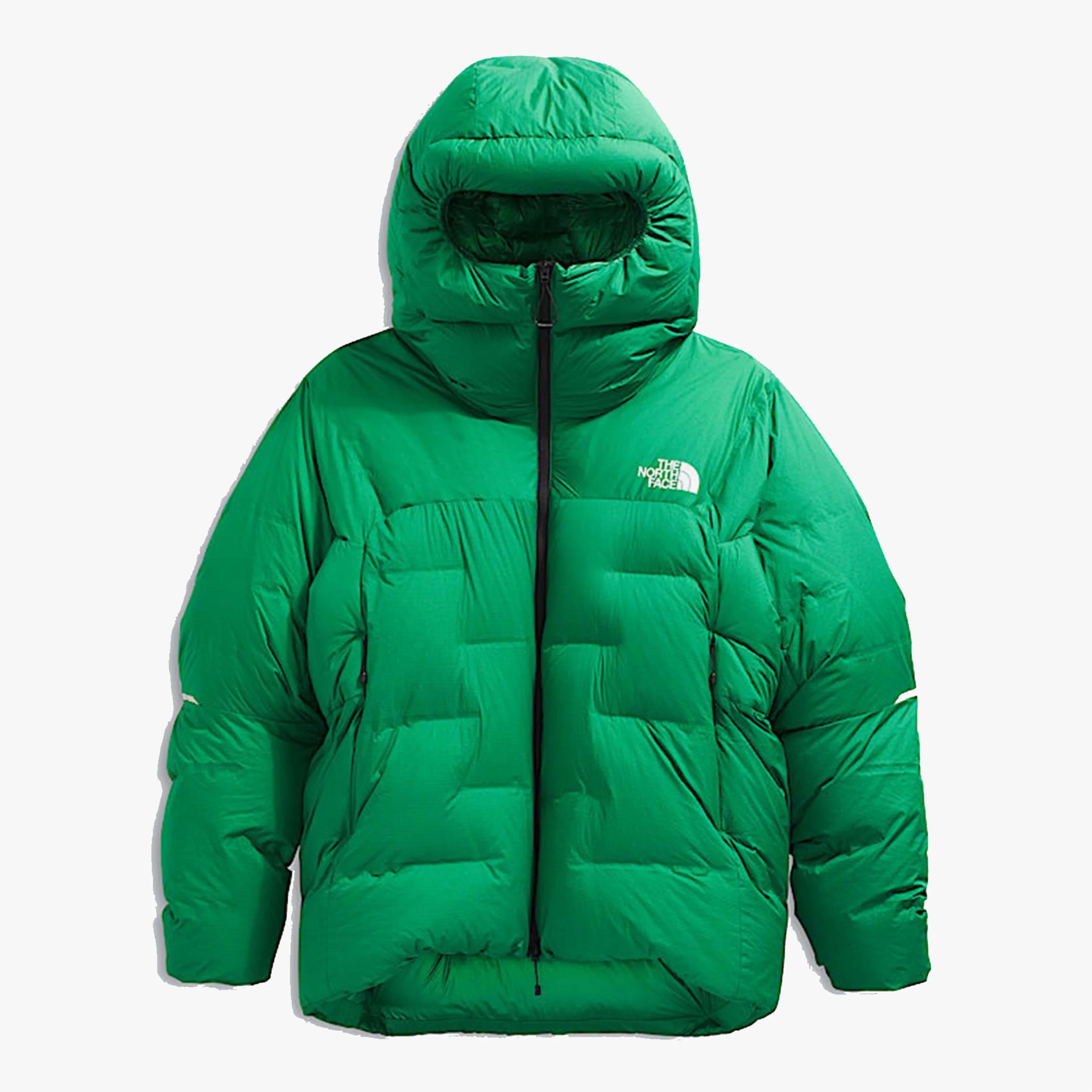 Bright green puffer jacket with hood and front zipper from The North Face.