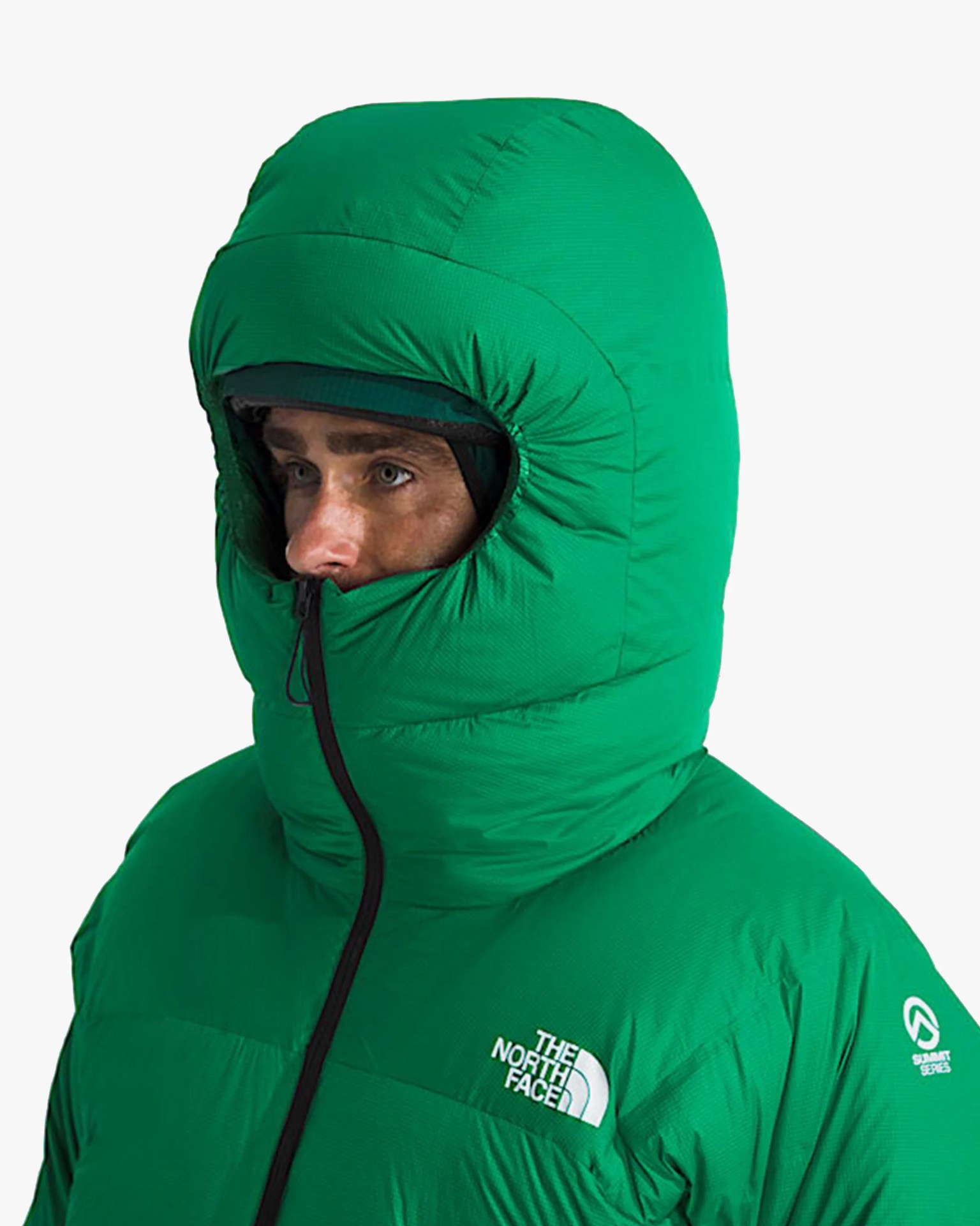 Bright green insulated hooded jacket with black zipper and The North Face logo on chest and Summit Series logo on sleeve.