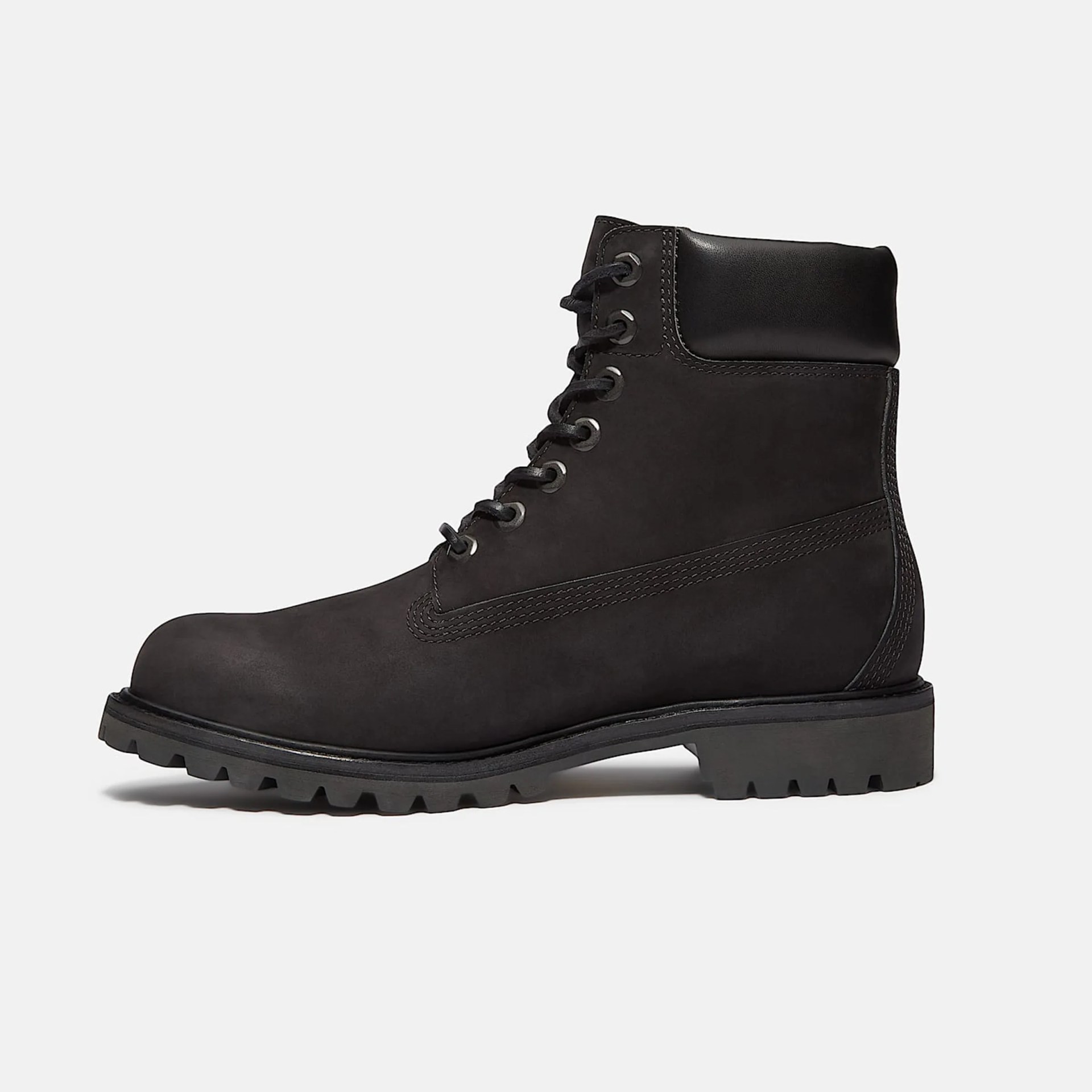 Black leather lace-up work boot with padded collar and rugged sole.