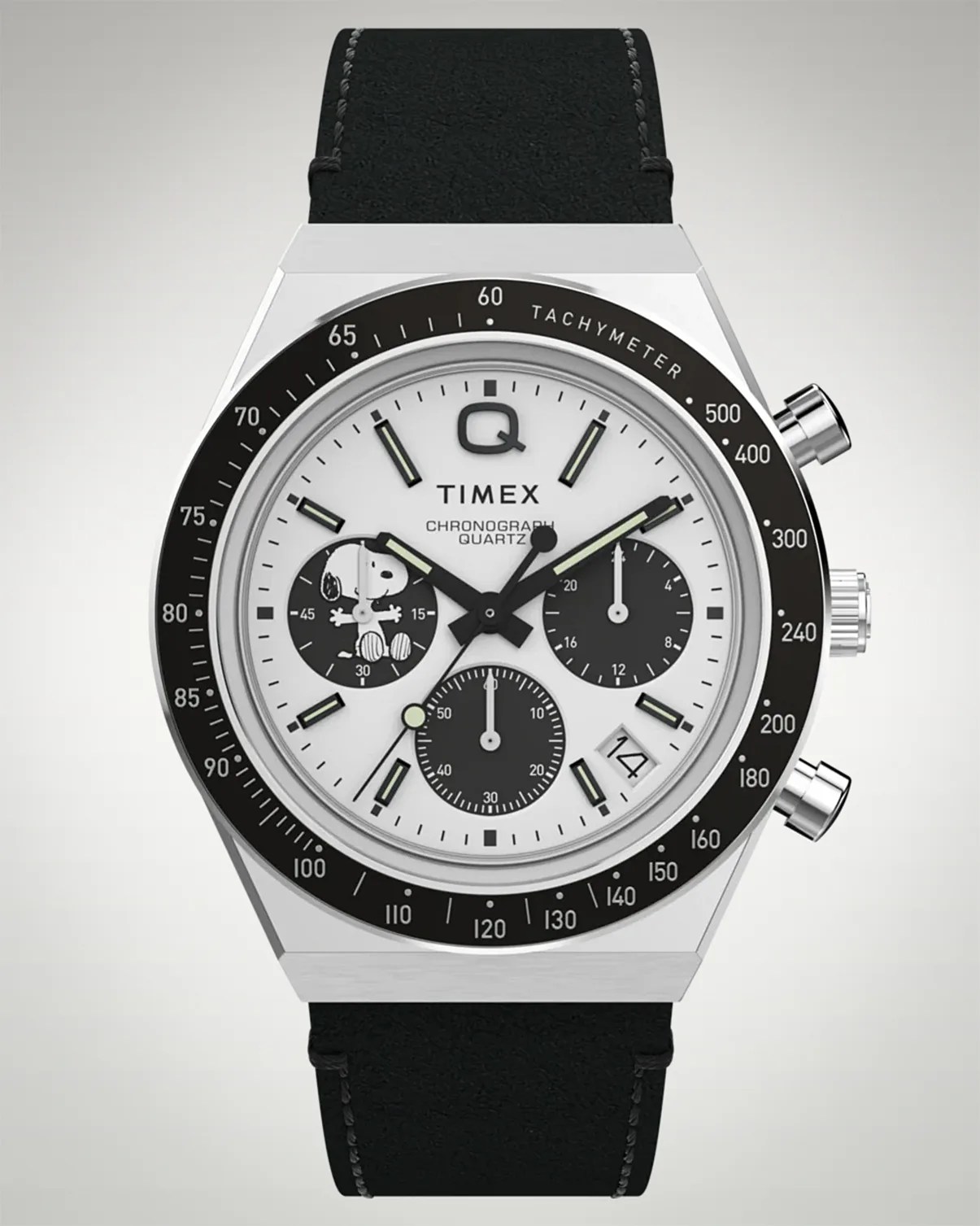 Silver Timex chronograph watch with black tachymeter bezel, white dial, Snoopy illustration, and black leather strap.